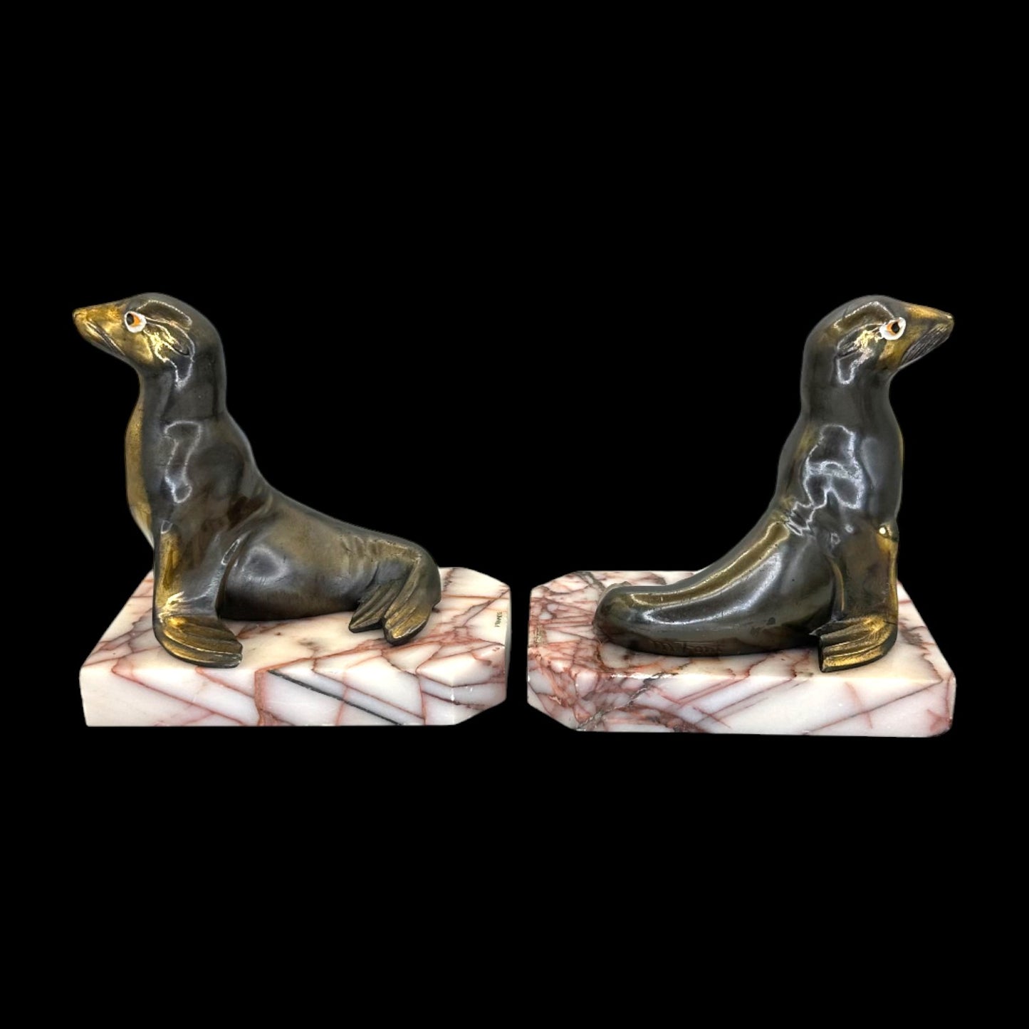 Pair of Brass Seal Bookends – Variegated Marble Base – Antique 1930’s Art Deco