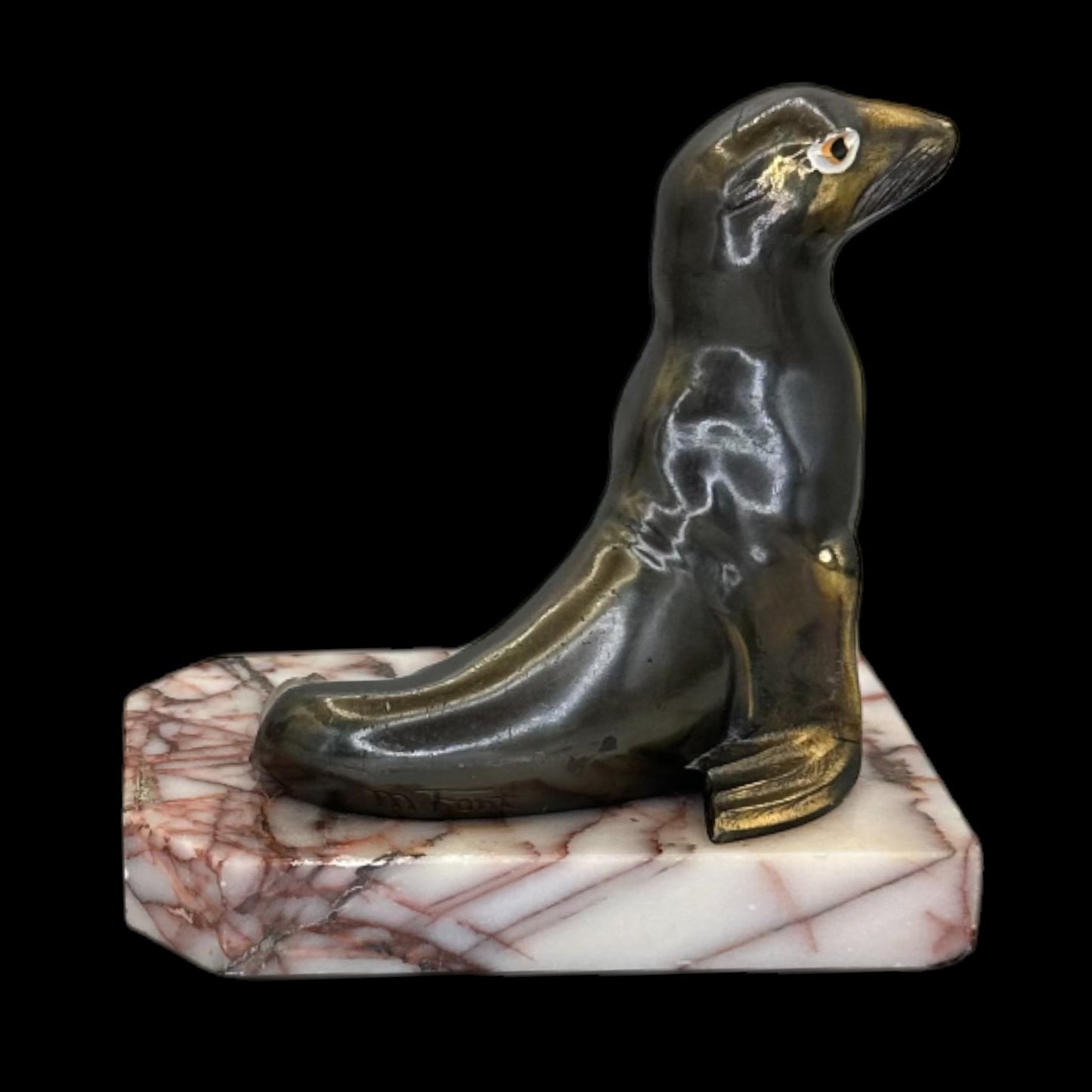 Pair of Brass Seal Bookends – Variegated Marble Base – Antique 1930’s Art Deco