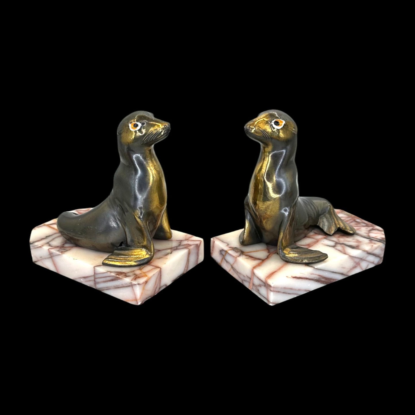 Pair of Brass Seal Bookends – Variegated Marble Base – Antique 1930’s Art Deco