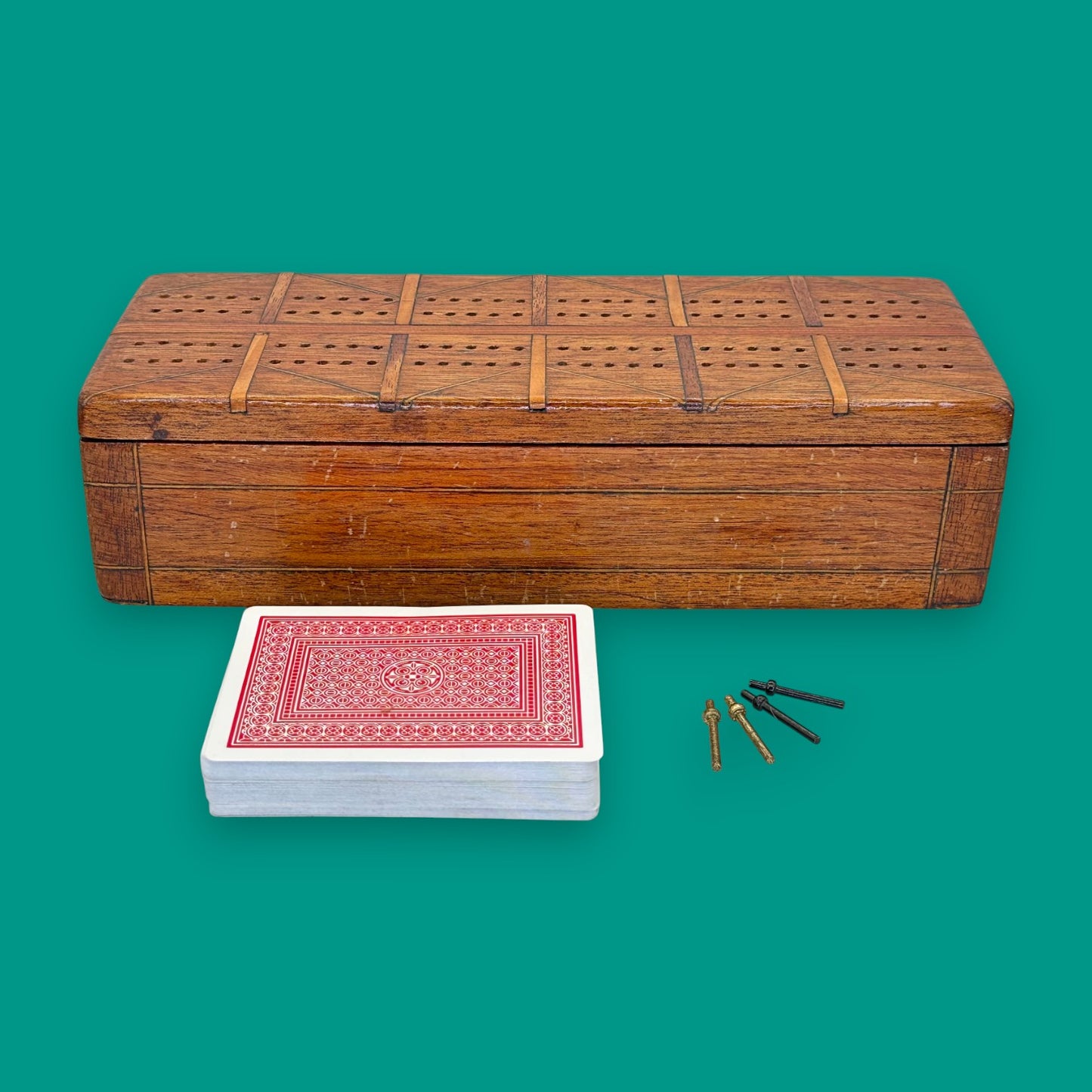 Vintage Inlaid Wooden Crib Board with Card Storage