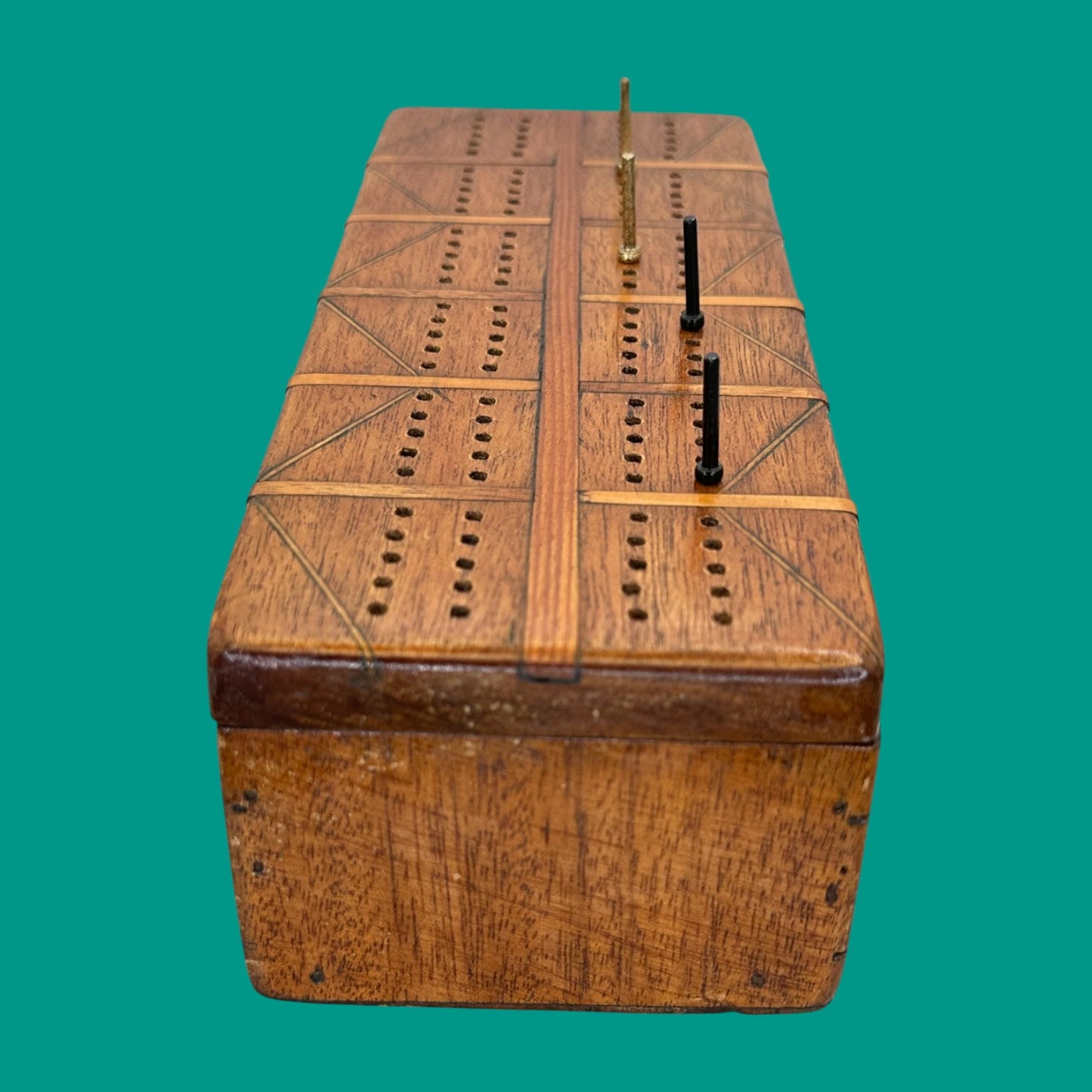 Vintage Inlaid Wooden Crib Board with Card Storage