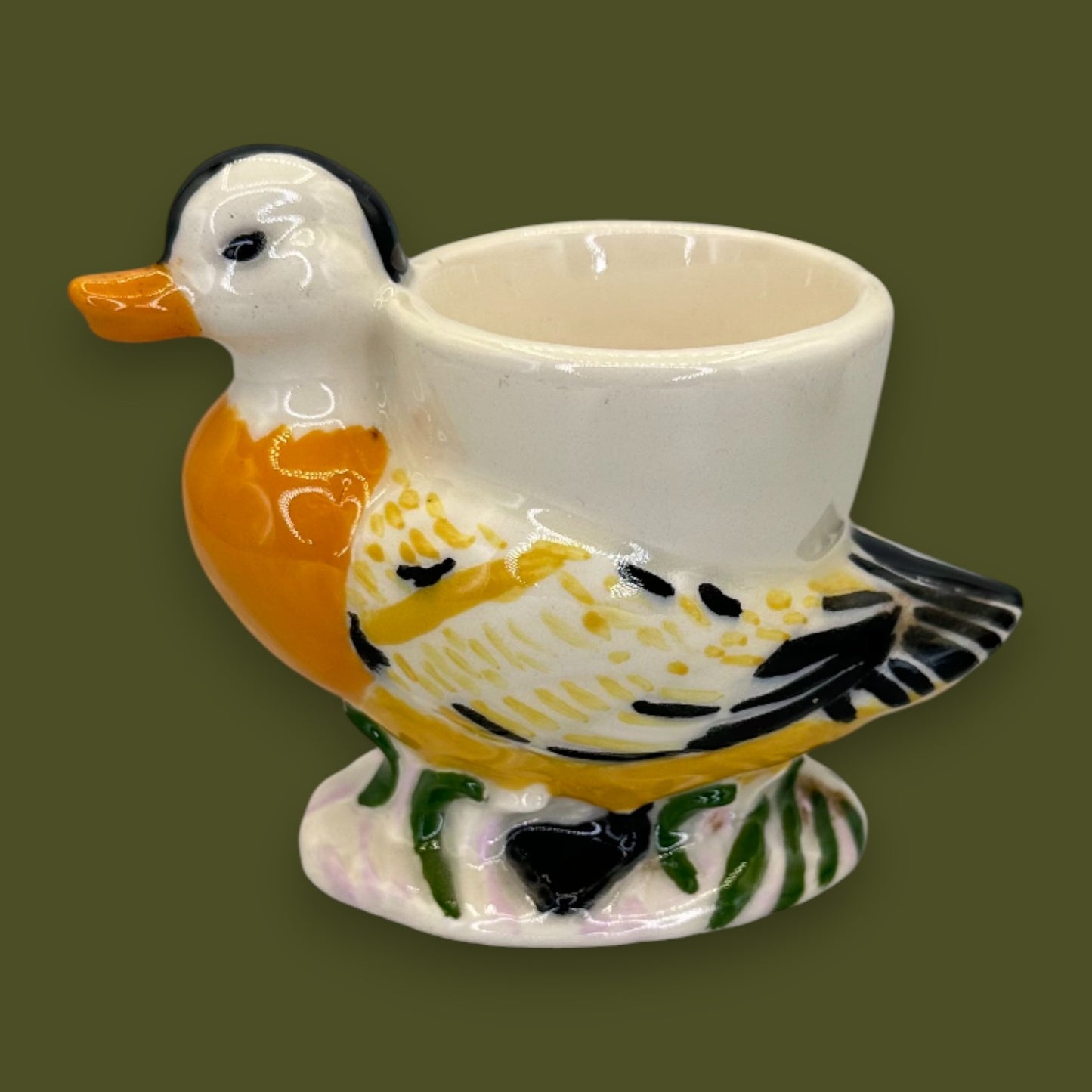 Vintage Ceramic Mandarin Duck Figural Egg Cup Hand-Painted