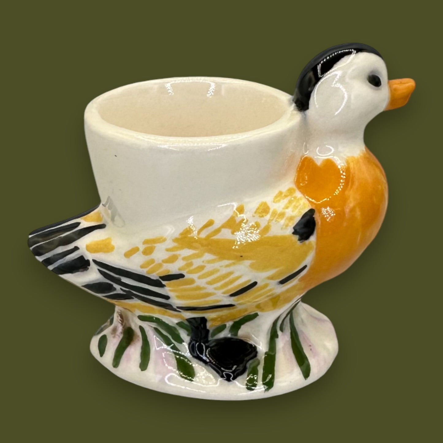 Vintage Ceramic Mandarin Duck Figural Egg Cup Hand-Painted