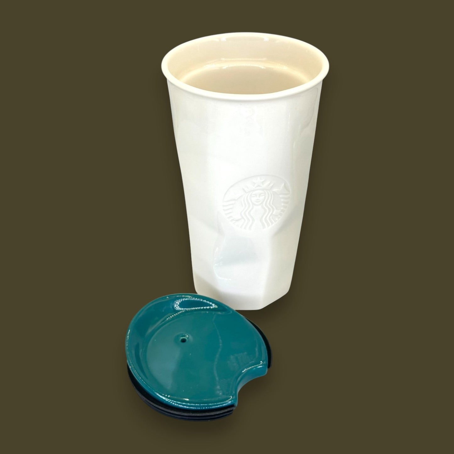 Starbucks White Faceted Ceramic Travel Mug Green Lid - Replacement Mug 10 fl/oz