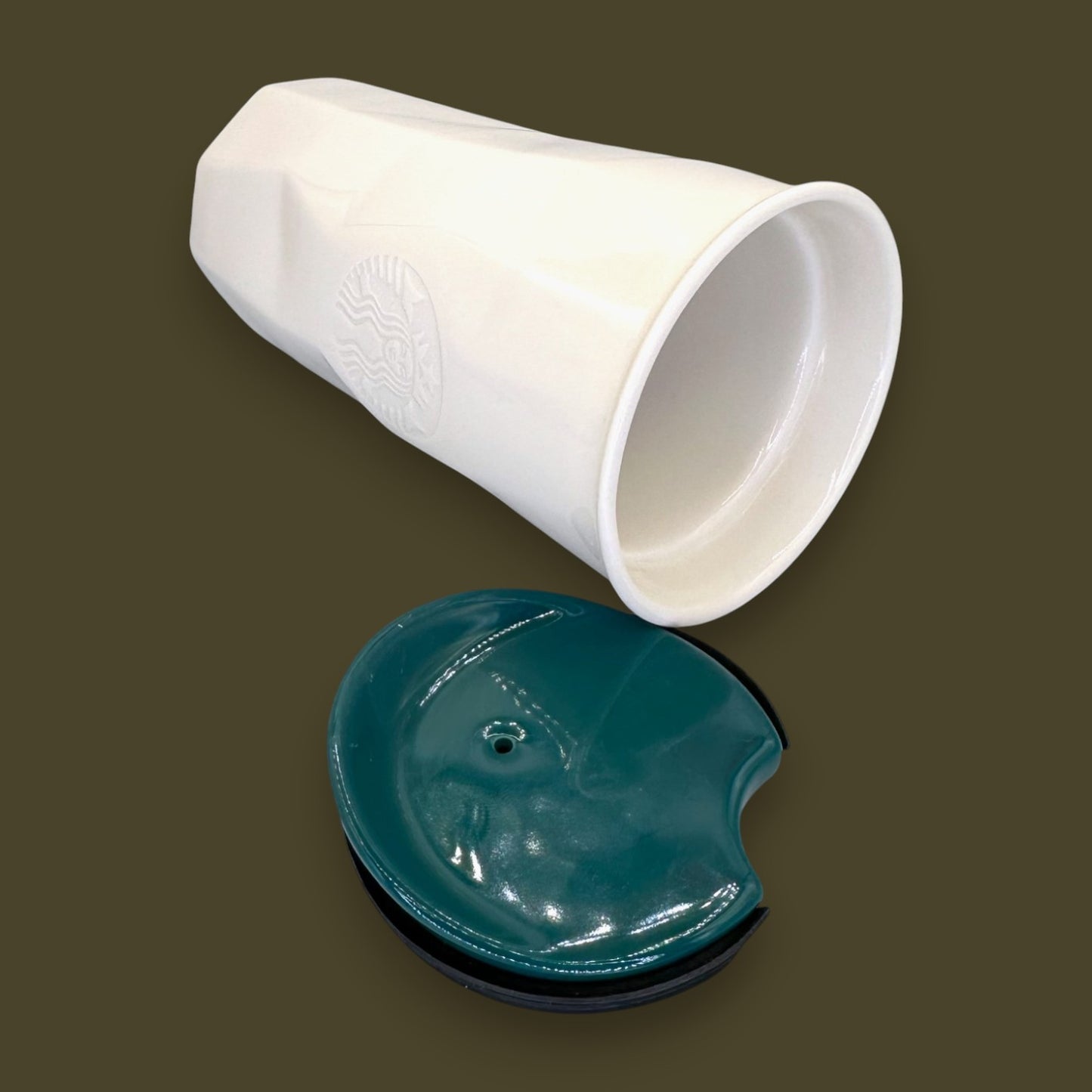Starbucks White Faceted Ceramic Travel Mug Green Lid - Replacement Mug 10 fl/oz