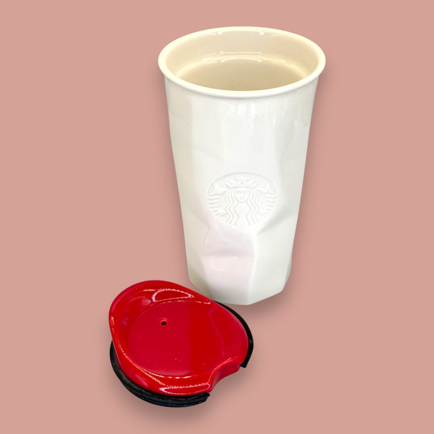 Starbucks White Faceted Ceramic Travel Mug Red Lid - Replacement Mug 10 fl/oz