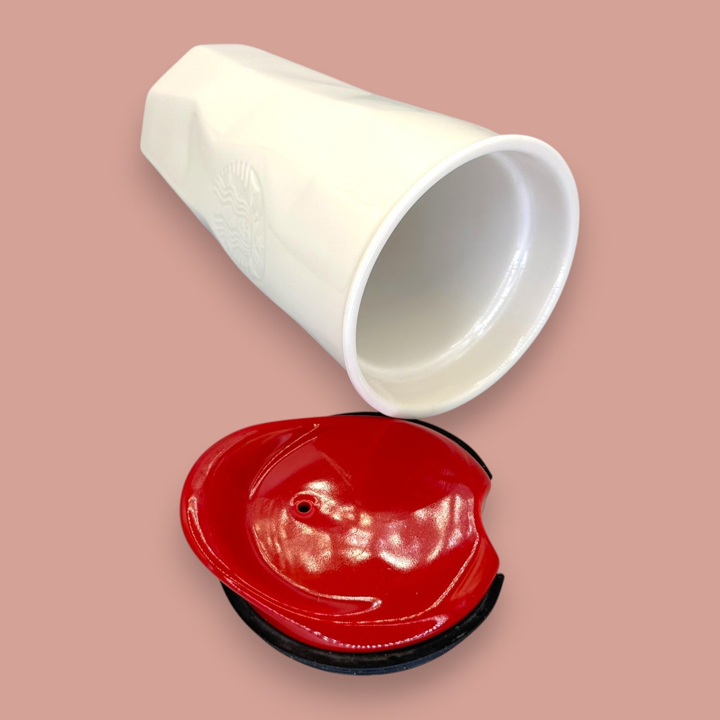 Starbucks White Faceted Ceramic Travel Mug Red Lid - Replacement Mug 10 fl/oz