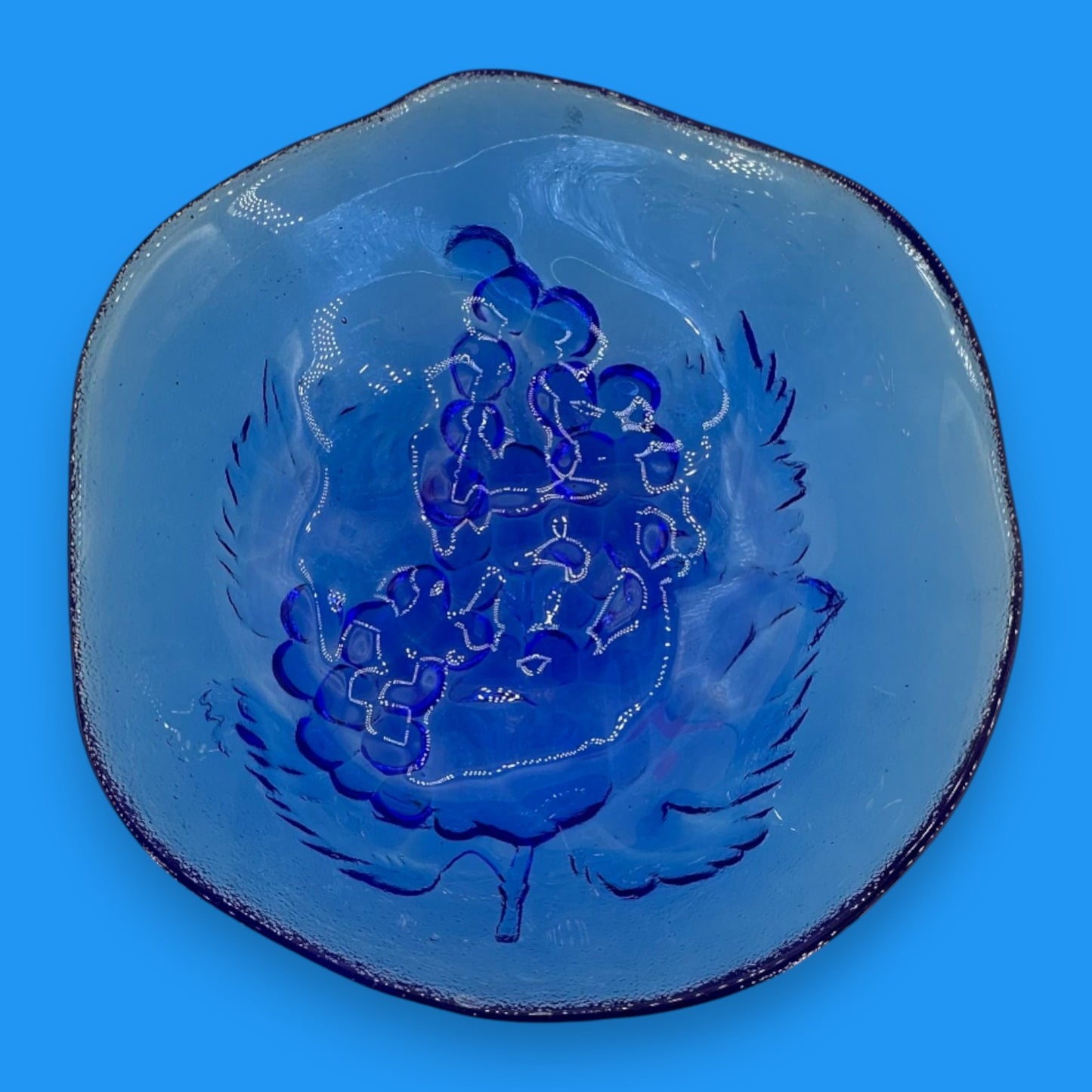 Vintage 1960’s Cobalt Blue Glass Bowl – Grape Motif Decorative Dish