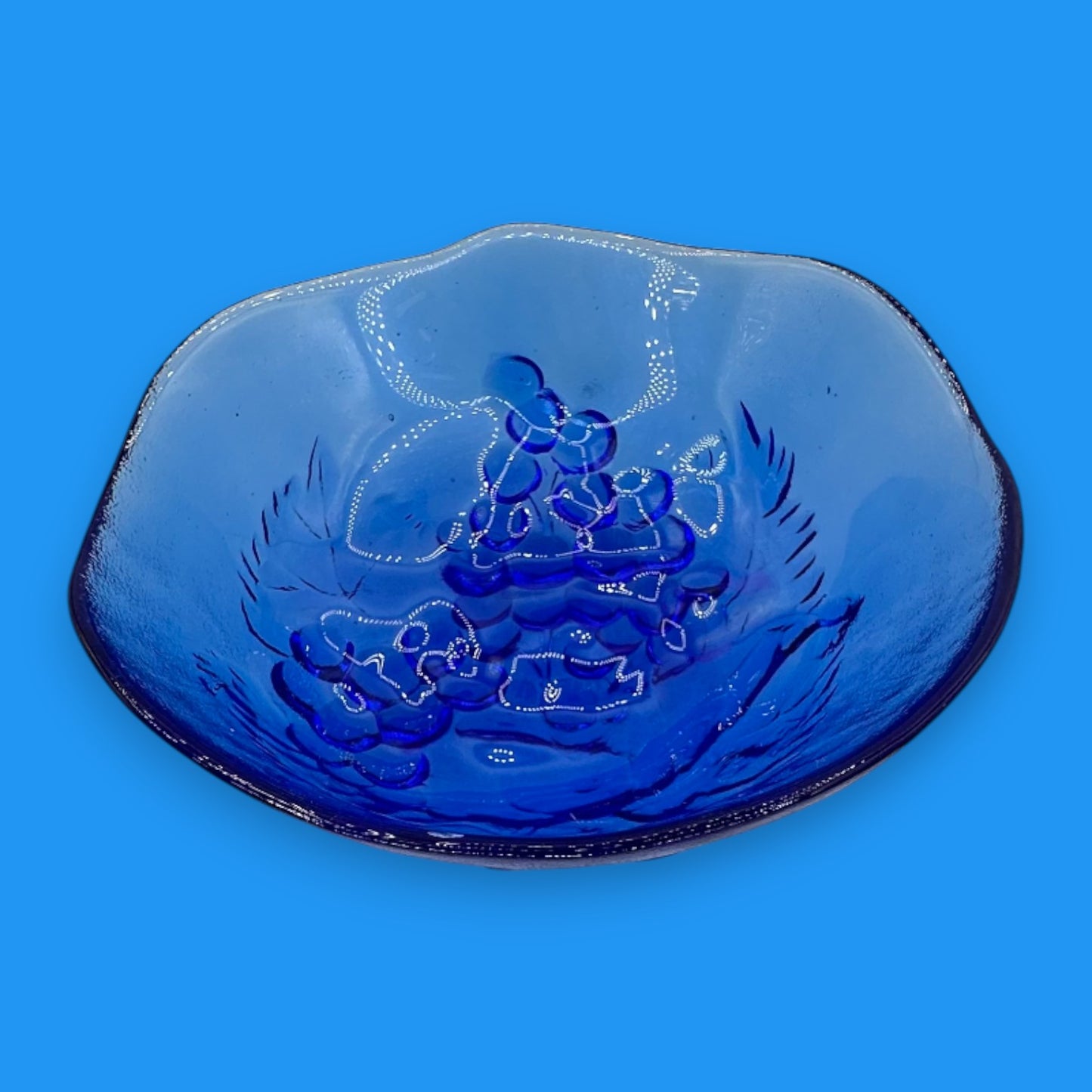 Vintage 1960’s Cobalt Blue Glass Bowl – Grape Motif Decorative Dish