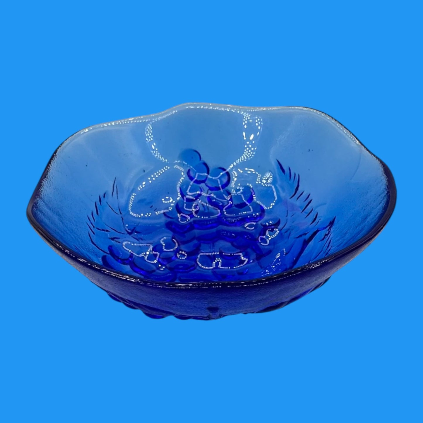 Vintage 1960’s Cobalt Blue Glass Bowl – Grape Motif Decorative Dish