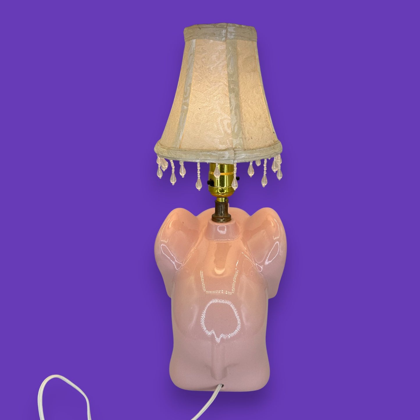Pink Ceramic Elephant Lamp - Vintage 1980 - With Jeweled Shade