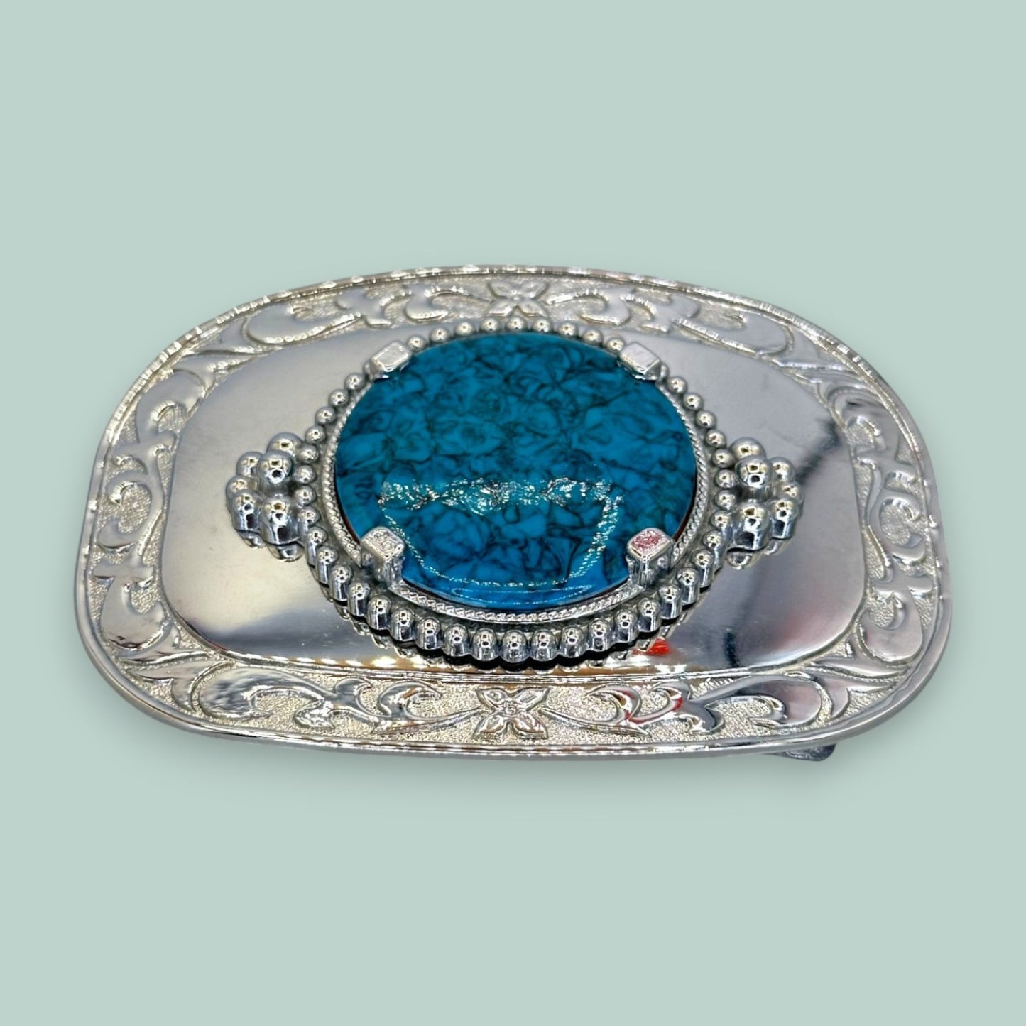 Vintage Western Belt Buckle with Acrylic Turquoise Stone and Engraved Silver Detailing