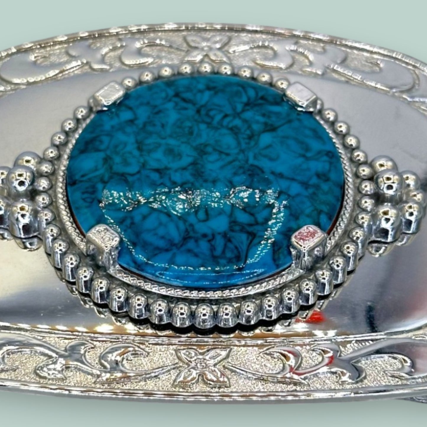 Vintage Western Belt Buckle with Acrylic Turquoise Stone and Engraved Silver Detailing