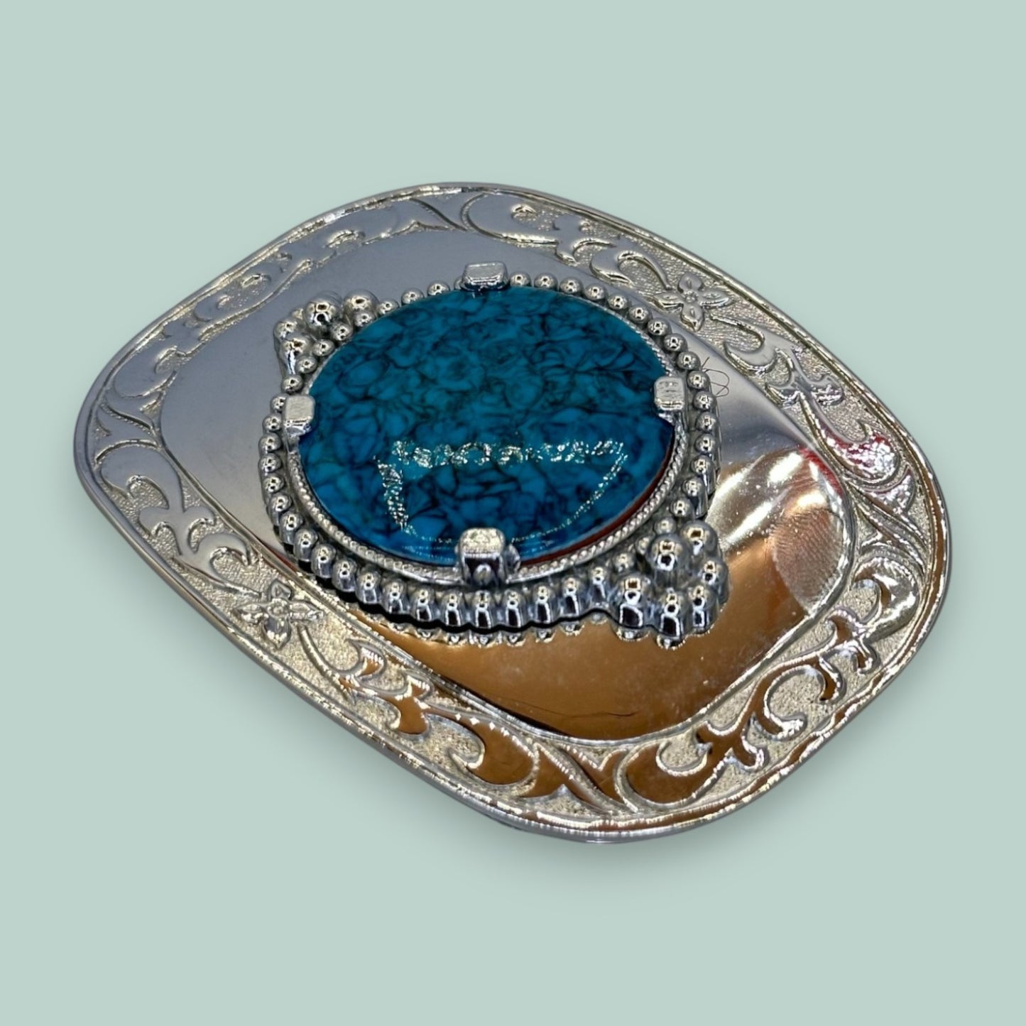 Vintage Western Belt Buckle with Acrylic Turquoise Stone and Engraved Silver Detailing