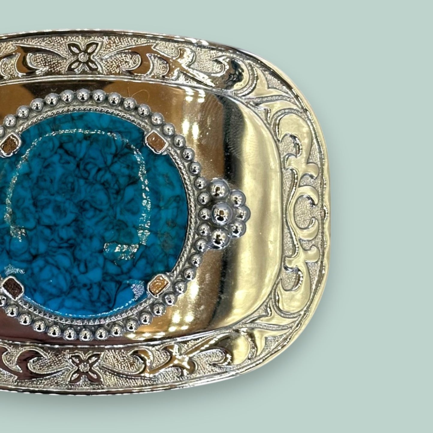 Vintage Western Belt Buckle with Acrylic Turquoise Stone and Engraved Silver Detailing