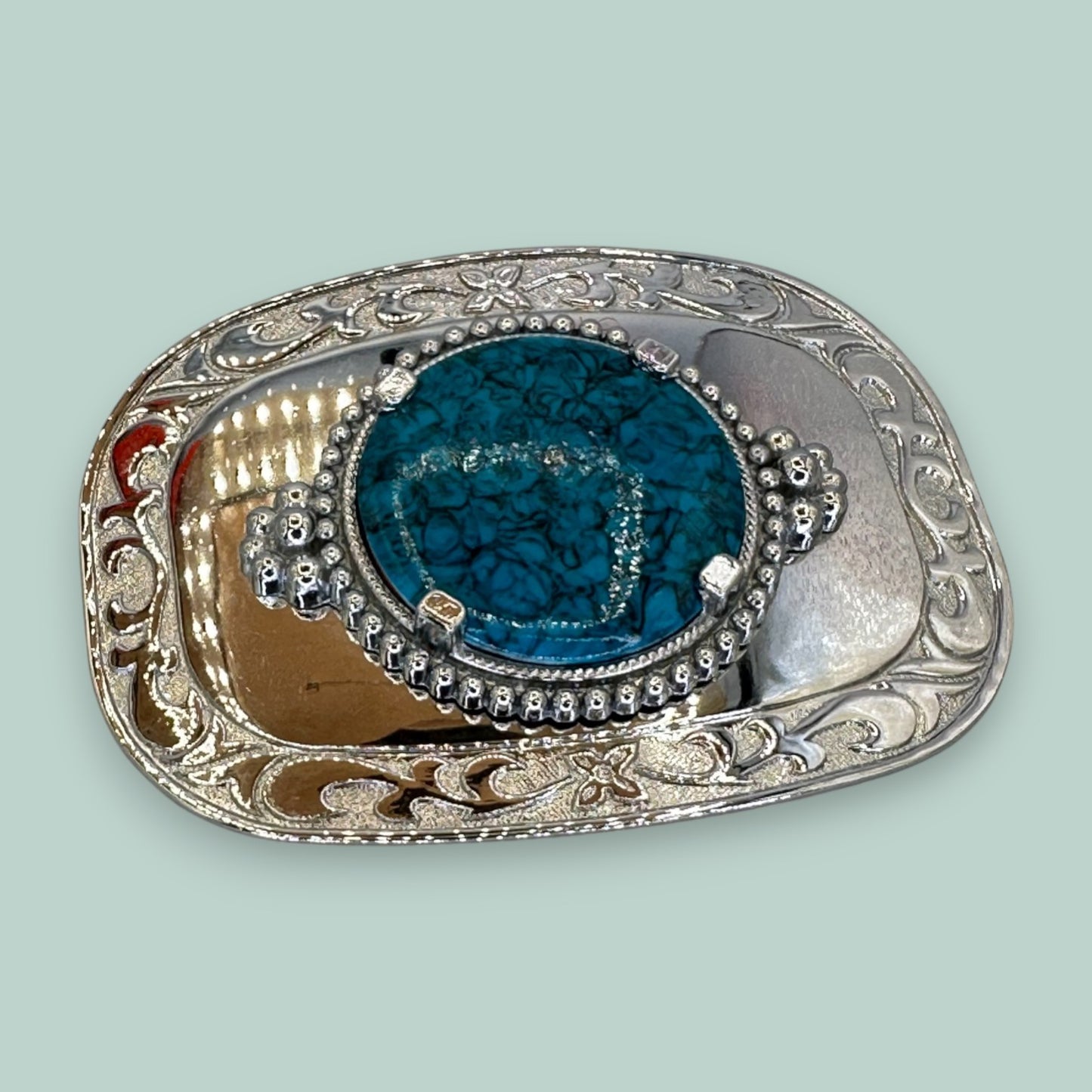 Vintage Western Belt Buckle with Acrylic Turquoise Stone and Engraved Silver Detailing