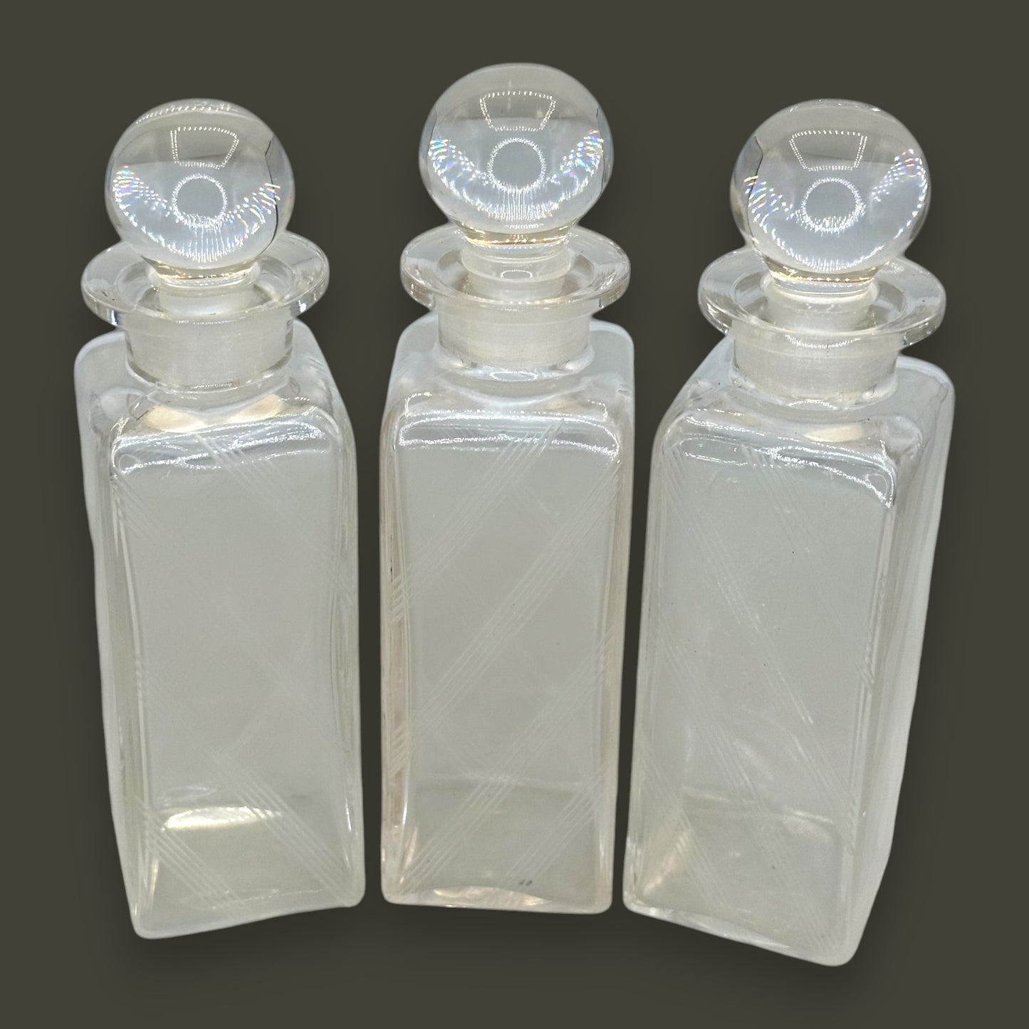 Vintage Art Deco Apothecary Bottles – Etched Glass with Round Stoppers (Set of 3)