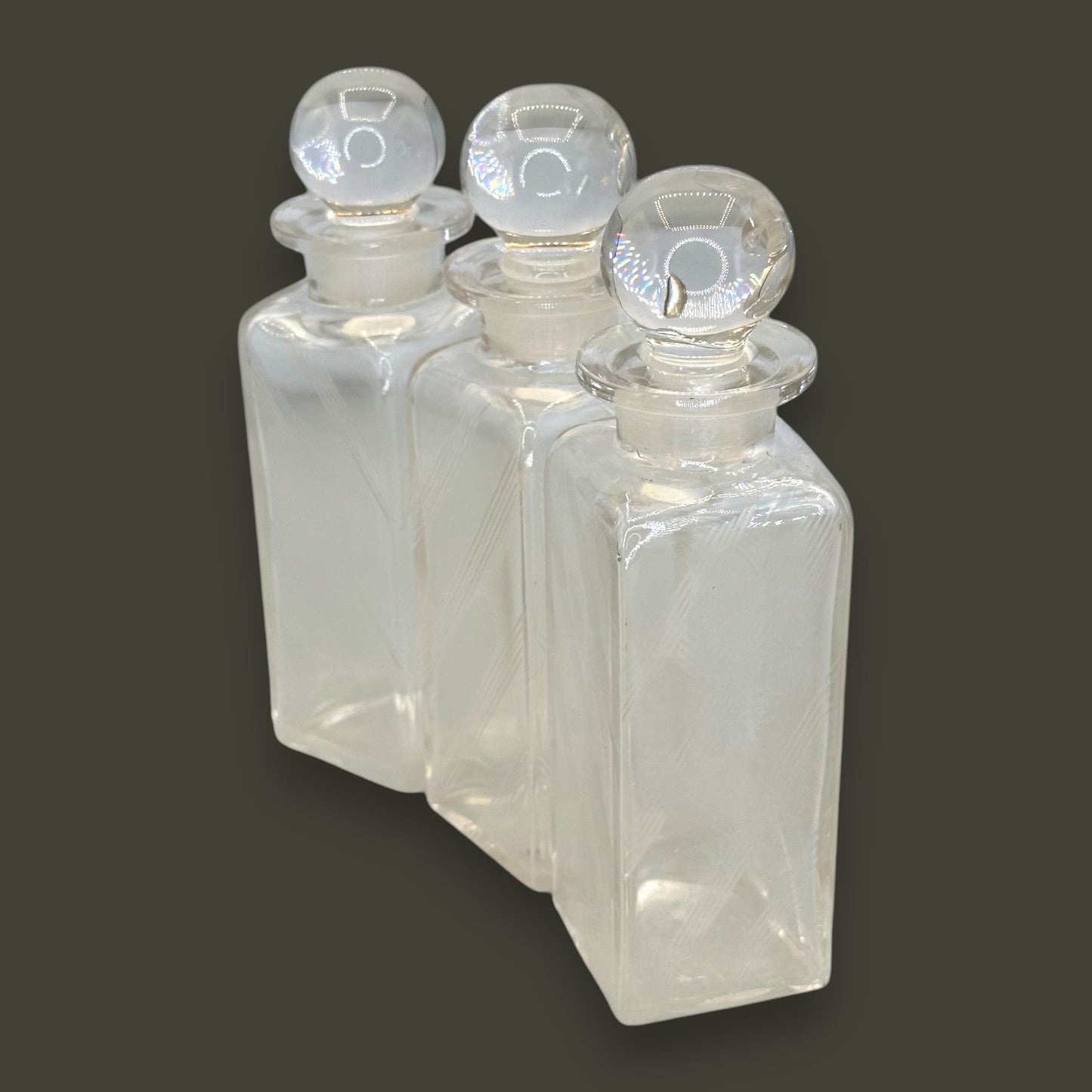 Vintage Art Deco Apothecary Bottles – Etched Glass with Round Stoppers (Set of 3)