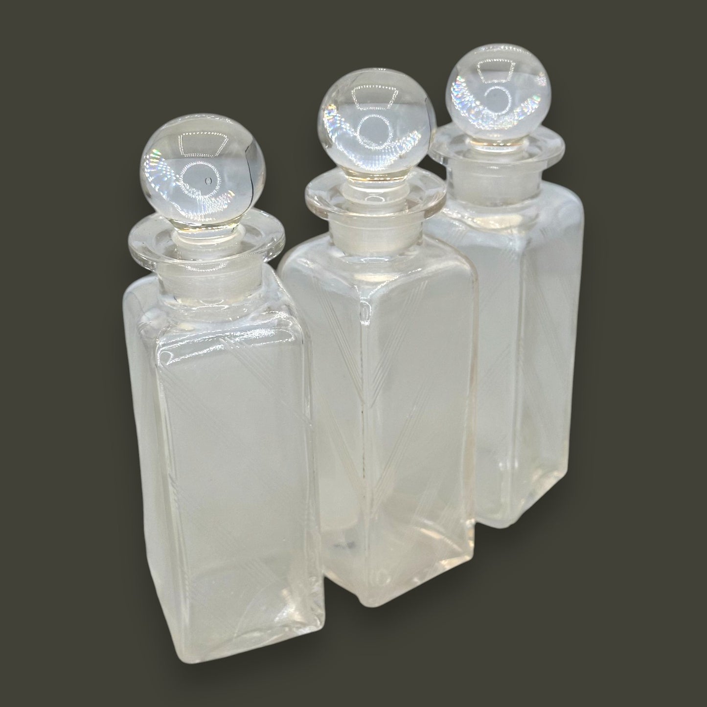 Vintage Art Deco Apothecary Bottles – Etched Glass with Round Stoppers (Set of 3)