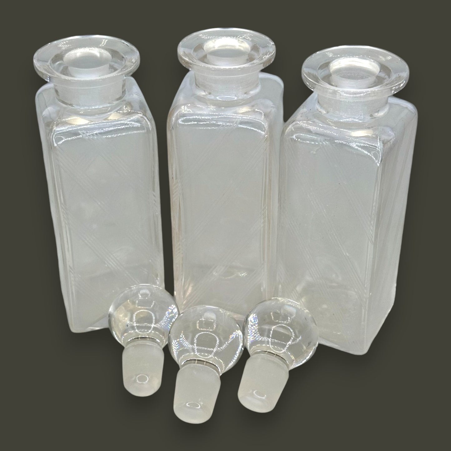 Vintage Art Deco Apothecary Bottles – Etched Glass with Round Stoppers (Set of 3)