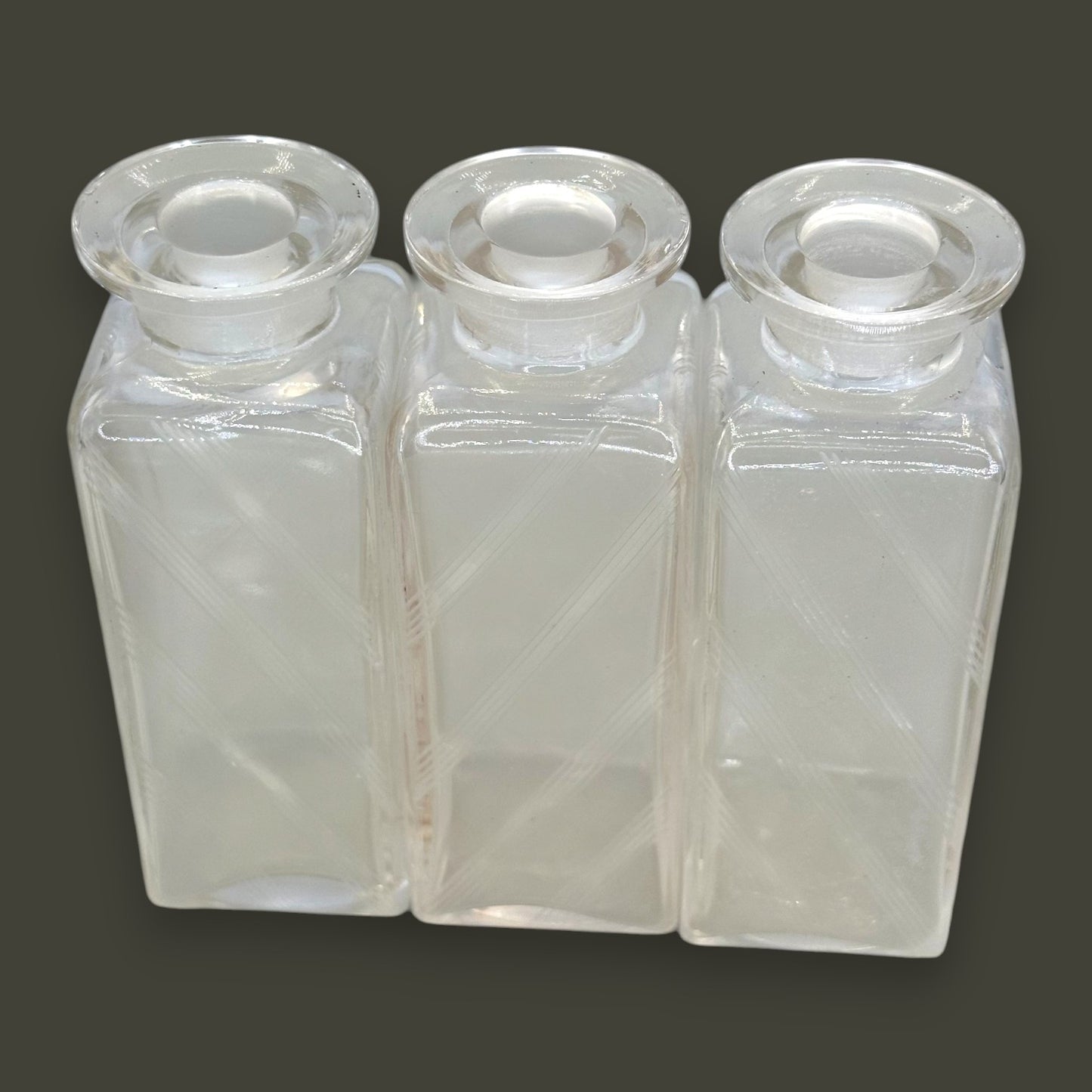 Vintage Art Deco Apothecary Bottles – Etched Glass with Round Stoppers (Set of 3)