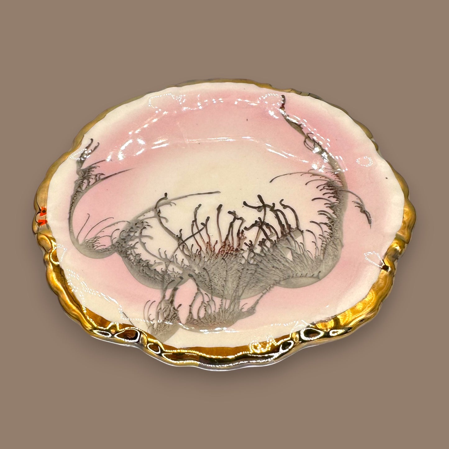 Vintage Scalloped Pink Dish with Gold Trim – Abstract Black & Grey Design