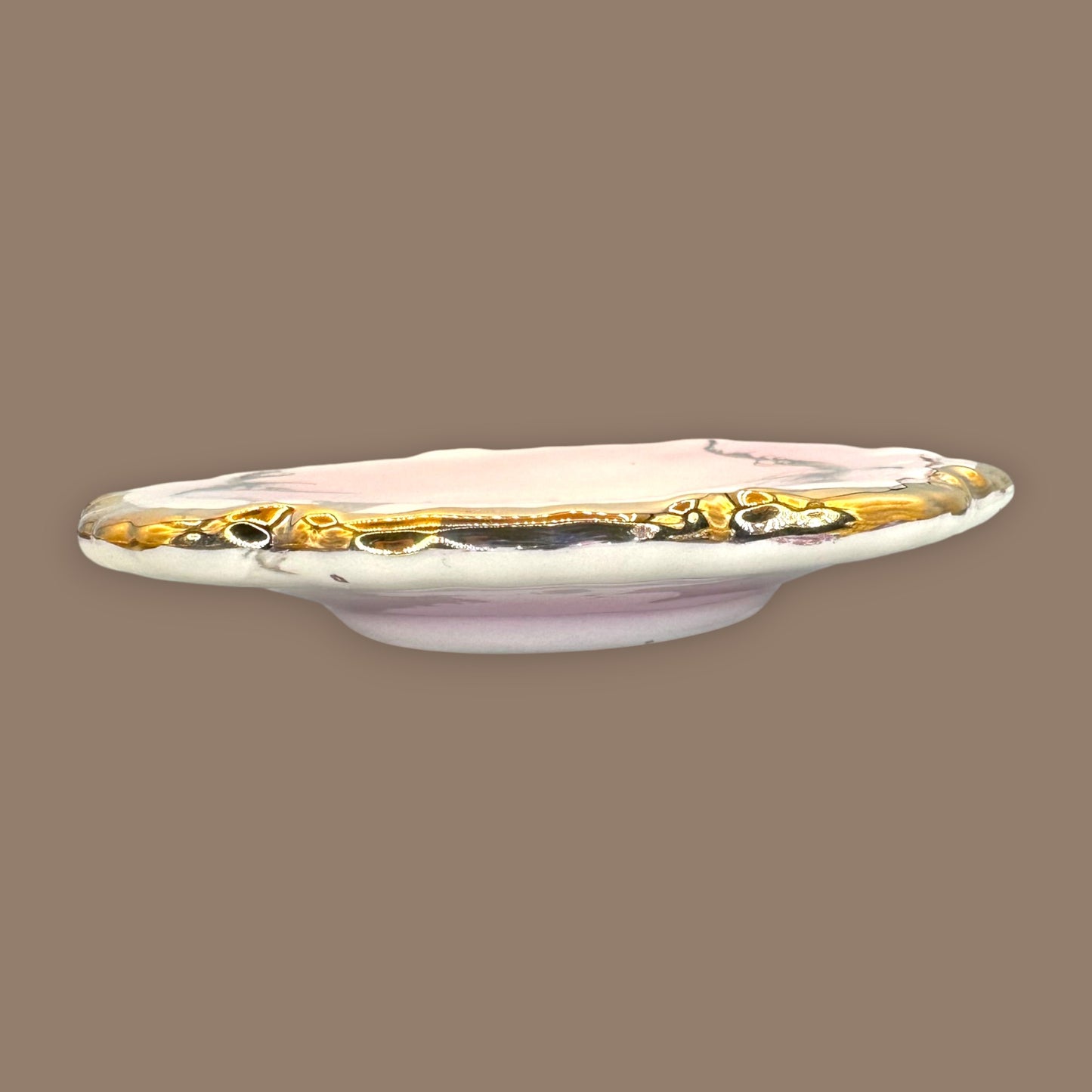 Vintage Scalloped Pink Dish with Gold Trim – Abstract Black & Grey Design