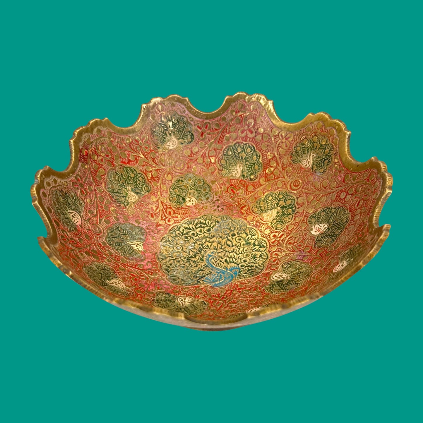 Vintage Brass Decorative Bowl with Intricate Peacock Motif