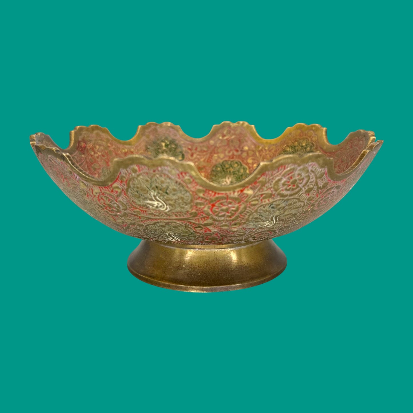 Vintage Brass Decorative Bowl with Intricate Peacock Motif