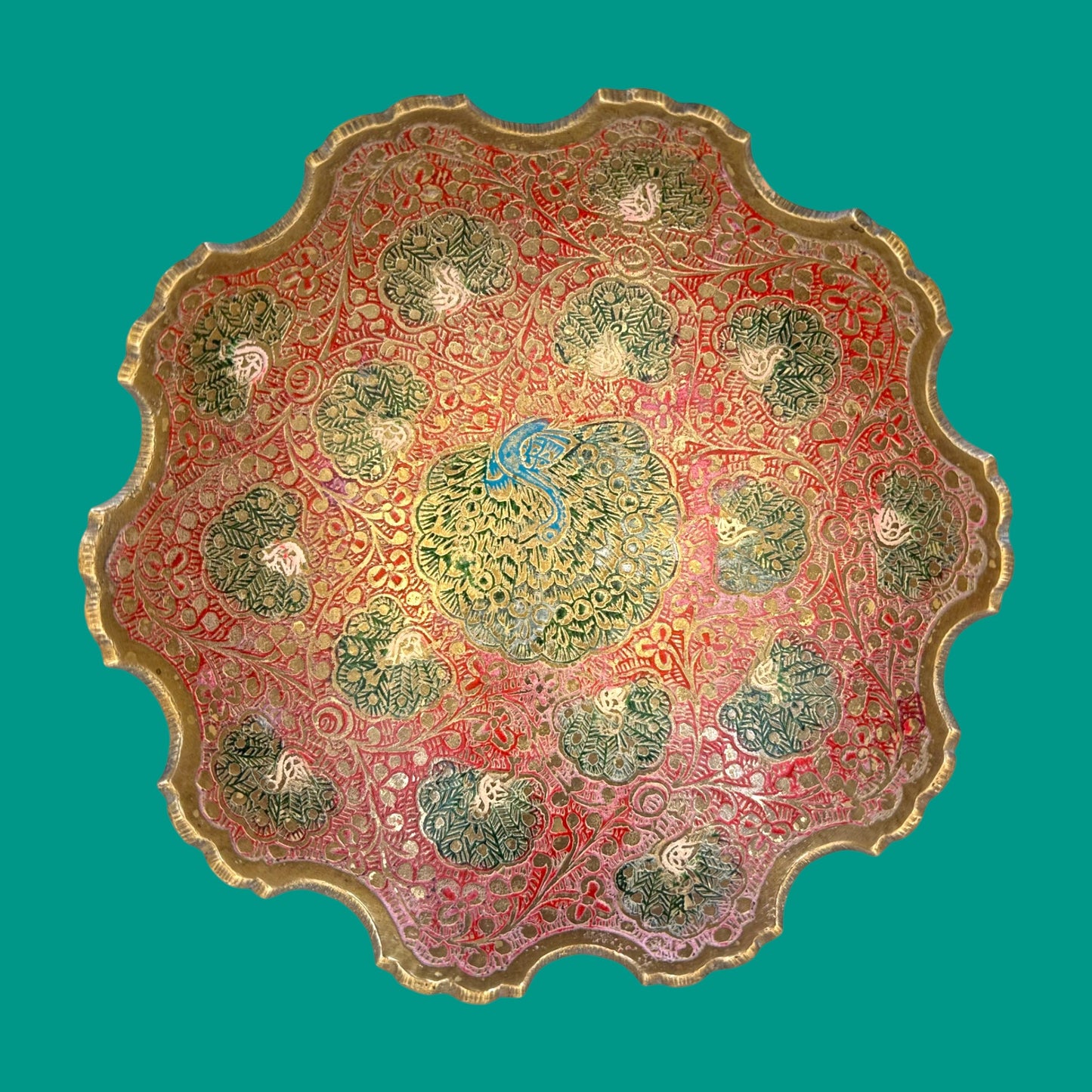 Vintage Brass Decorative Bowl with Intricate Peacock Motif