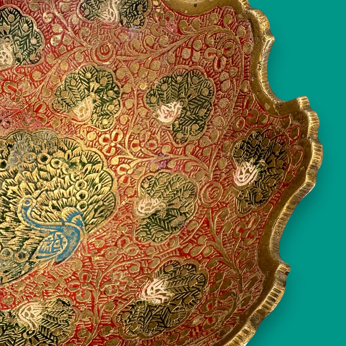 Vintage Brass Decorative Bowl with Intricate Peacock Motif