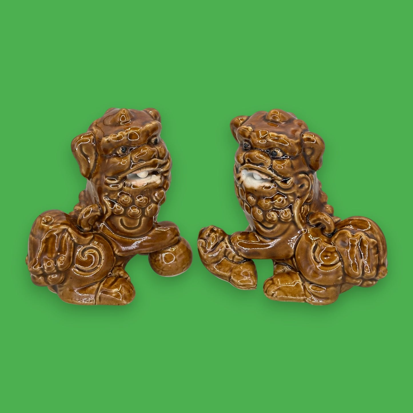 Vintage Chinese Foo Dog Figurine Pair – Brown Glazed Ceramic