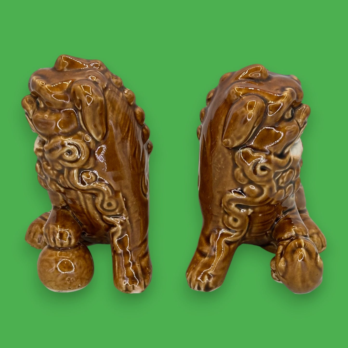 Vintage Chinese Foo Dog Figurine Pair – Brown Glazed Ceramic