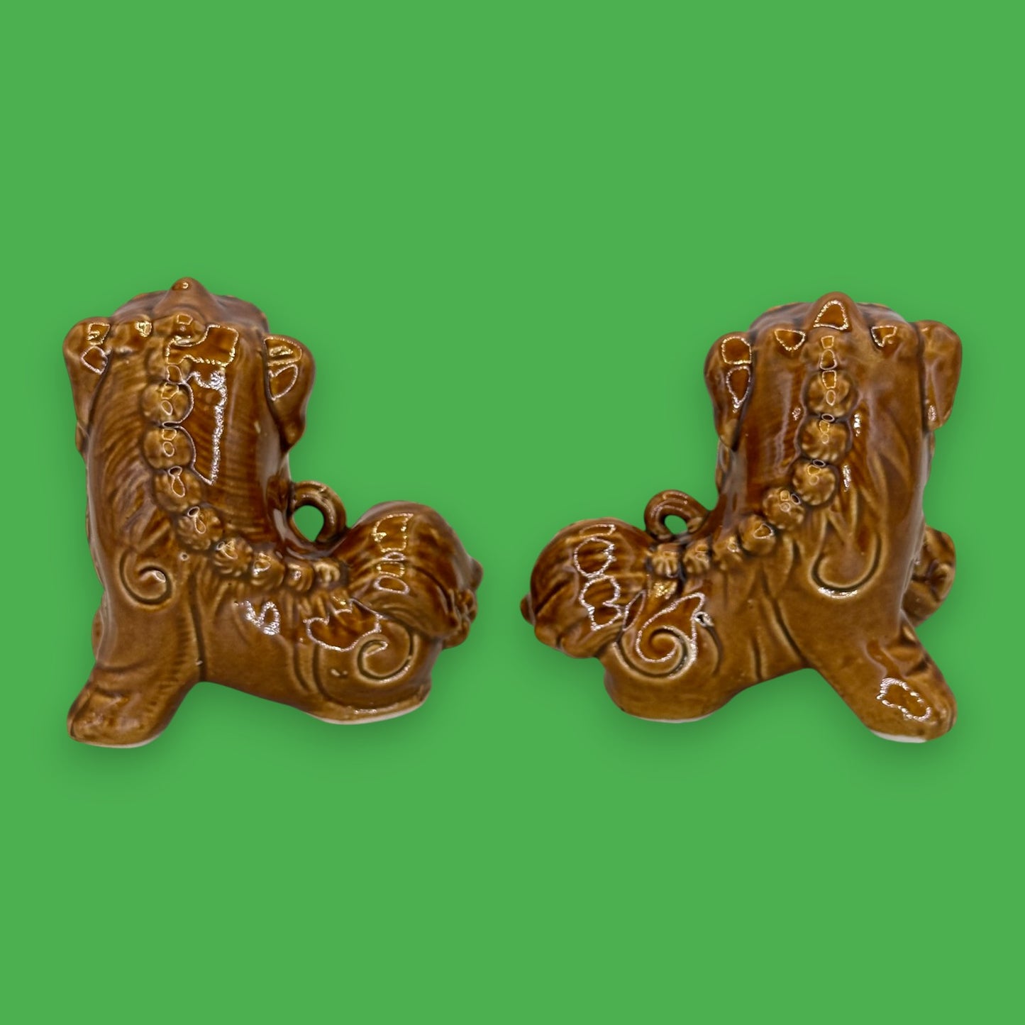 Vintage Chinese Foo Dog Figurine Pair – Brown Glazed Ceramic