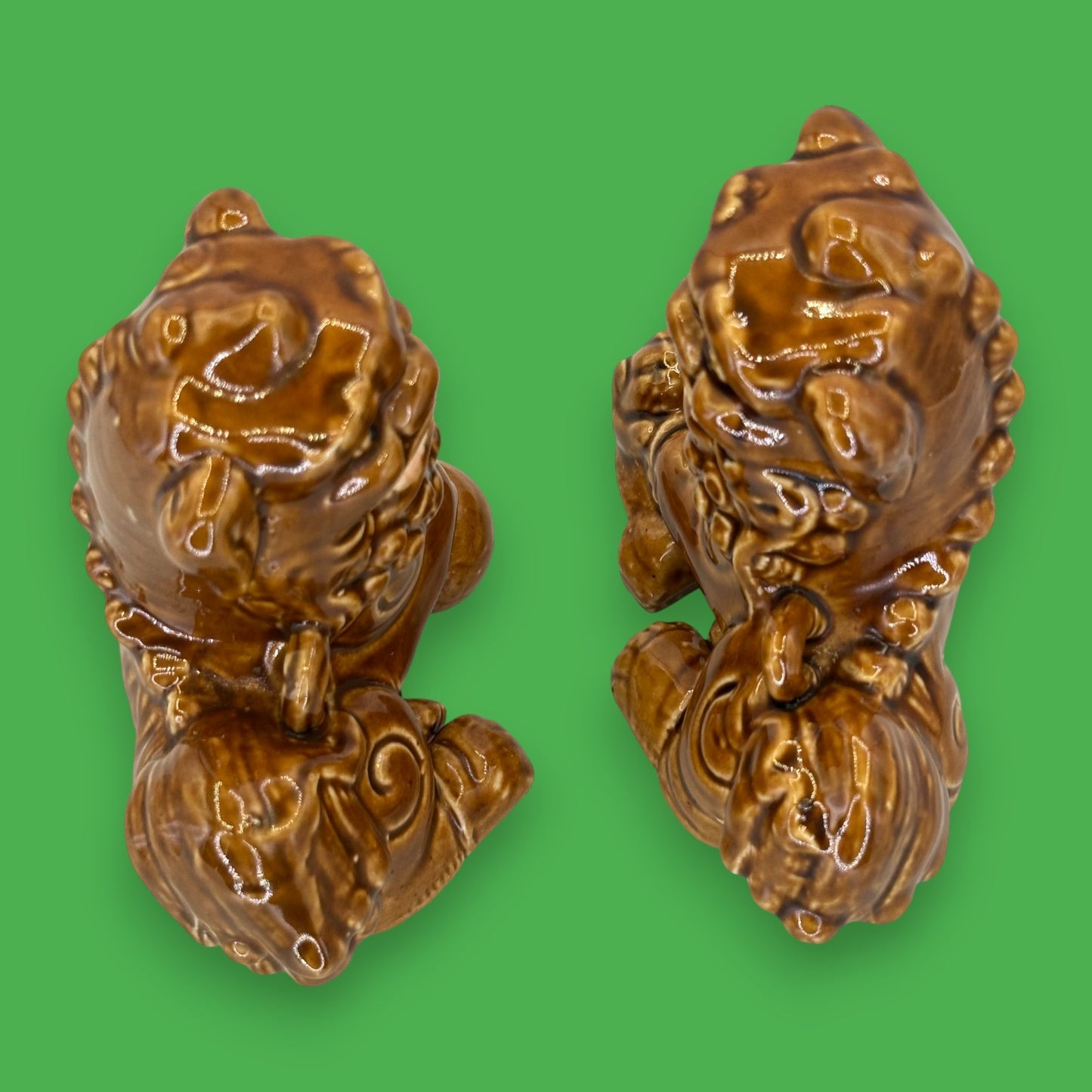 Vintage Chinese Foo Dog Figurine Pair – Brown Glazed Ceramic
