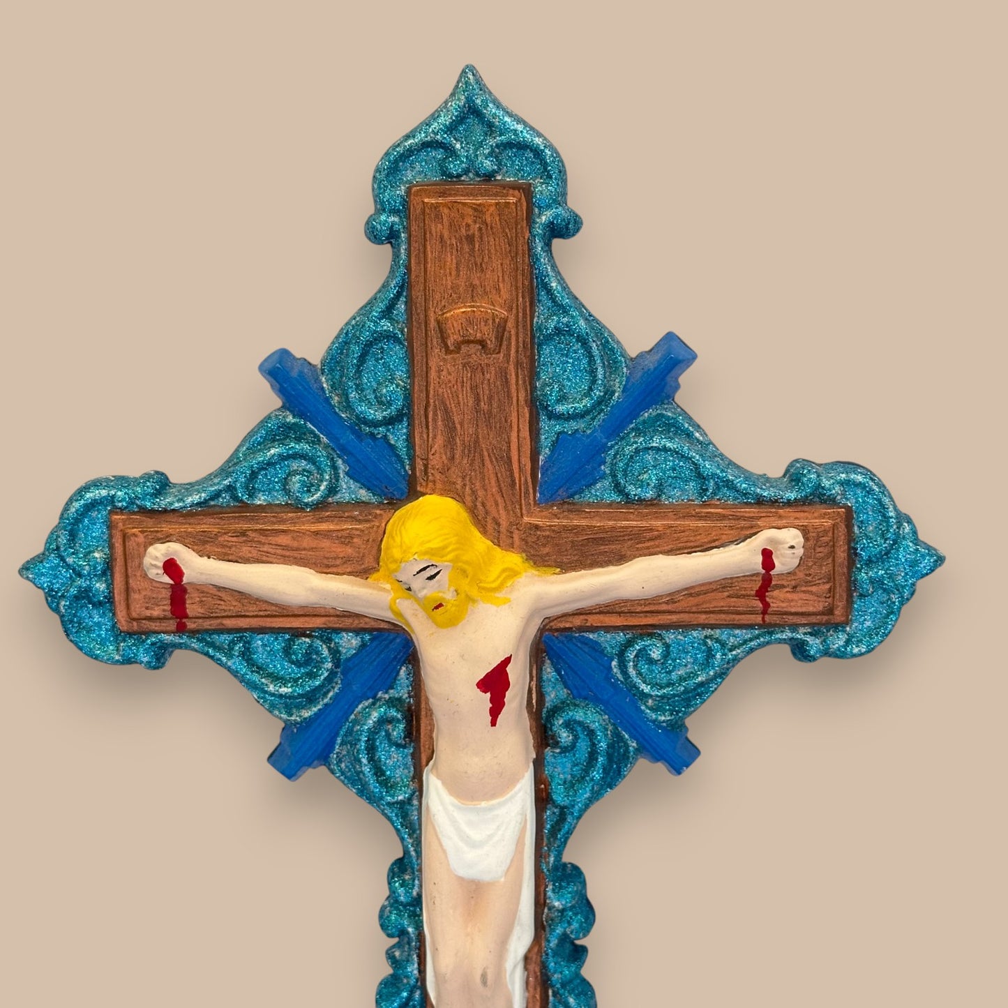 Vintage Hand-Painted Jesus on Cross – 12" Ceramic Wall Crucifix