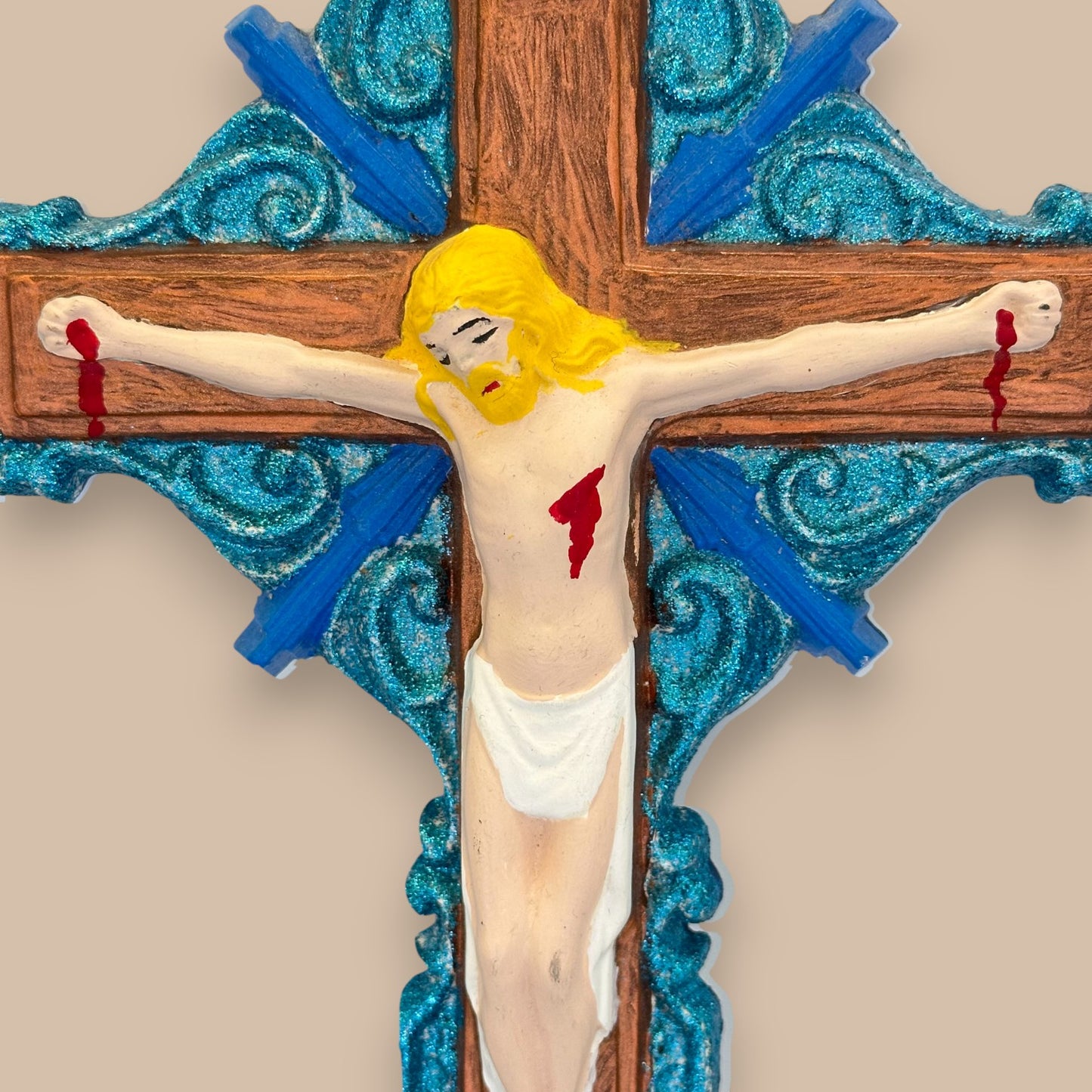 Vintage Hand-Painted Jesus on Cross – 12" Ceramic Wall Crucifix