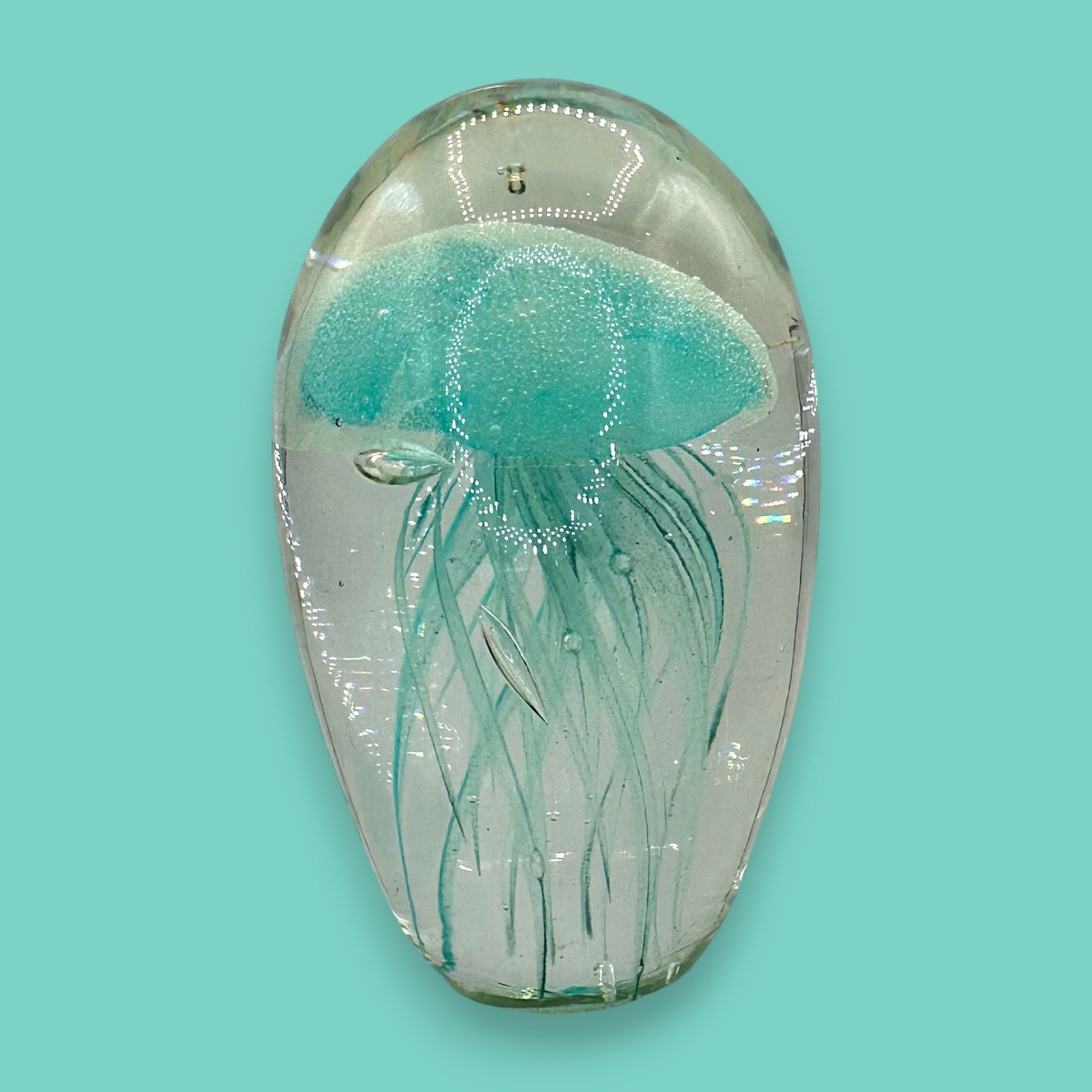 Light Teal Jellyfish Glass Paperweight – Vintage Charm, Glows in the Dark