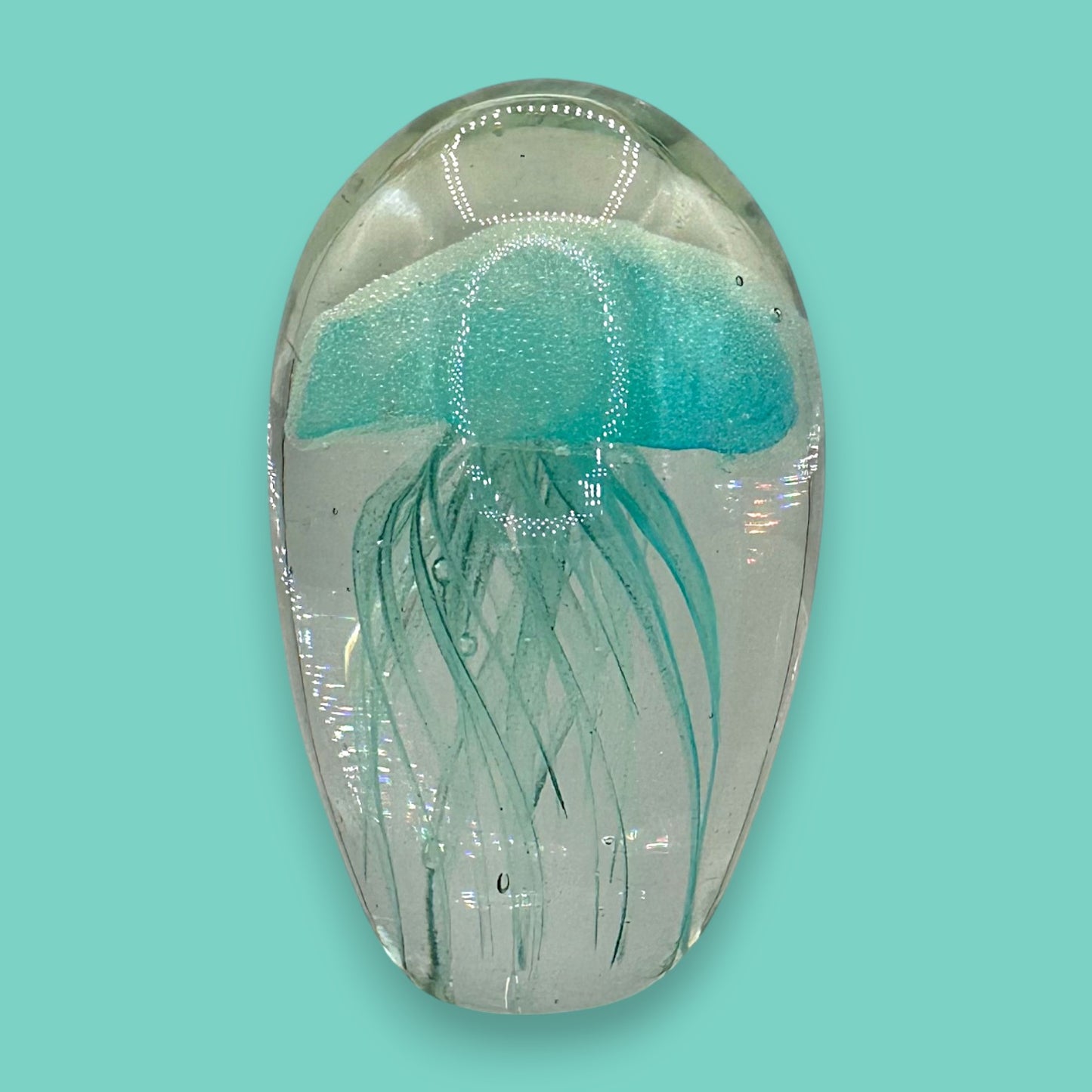 Light Teal Jellyfish Glass Paperweight – Vintage Charm, Glows in the Dark