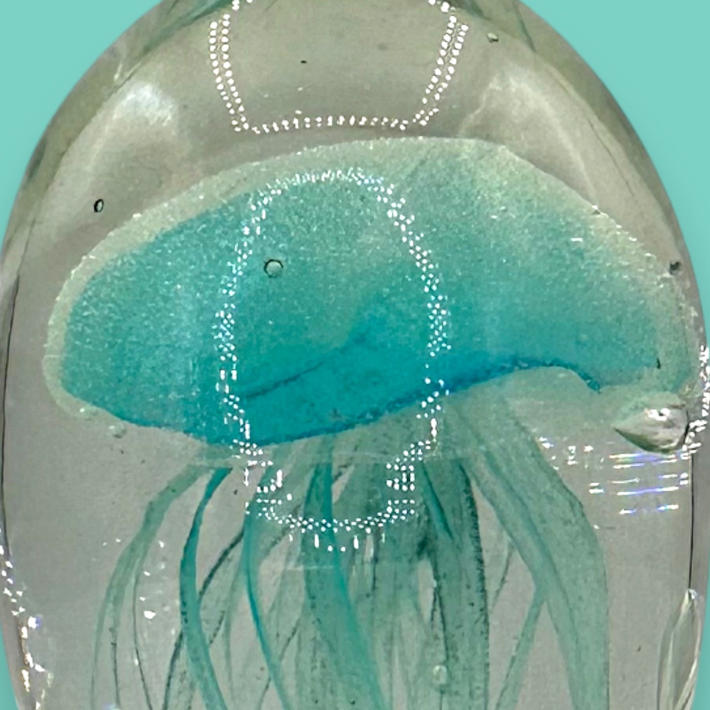 Light Teal Jellyfish Glass Paperweight – Vintage Charm, Glows in the Dark