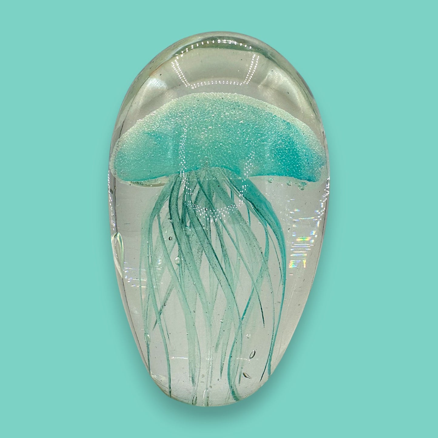 Light Teal Jellyfish Glass Paperweight – Vintage Charm, Glows in the Dark