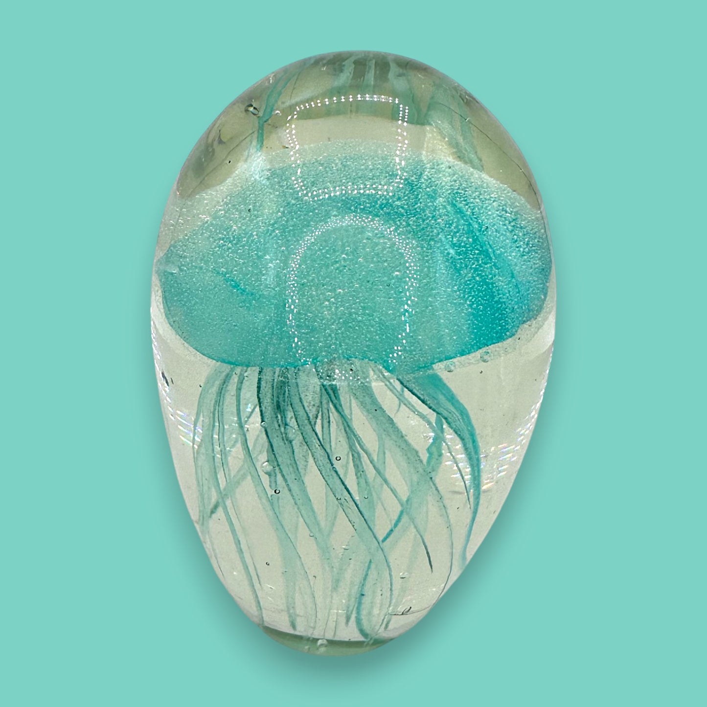 Light Teal Jellyfish Glass Paperweight – Vintage Charm, Glows in the Dark