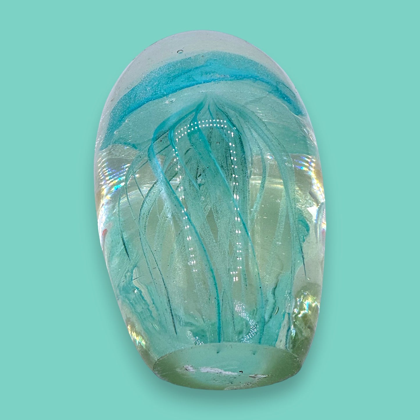 Light Teal Jellyfish Glass Paperweight – Vintage Charm, Glows in the Dark
