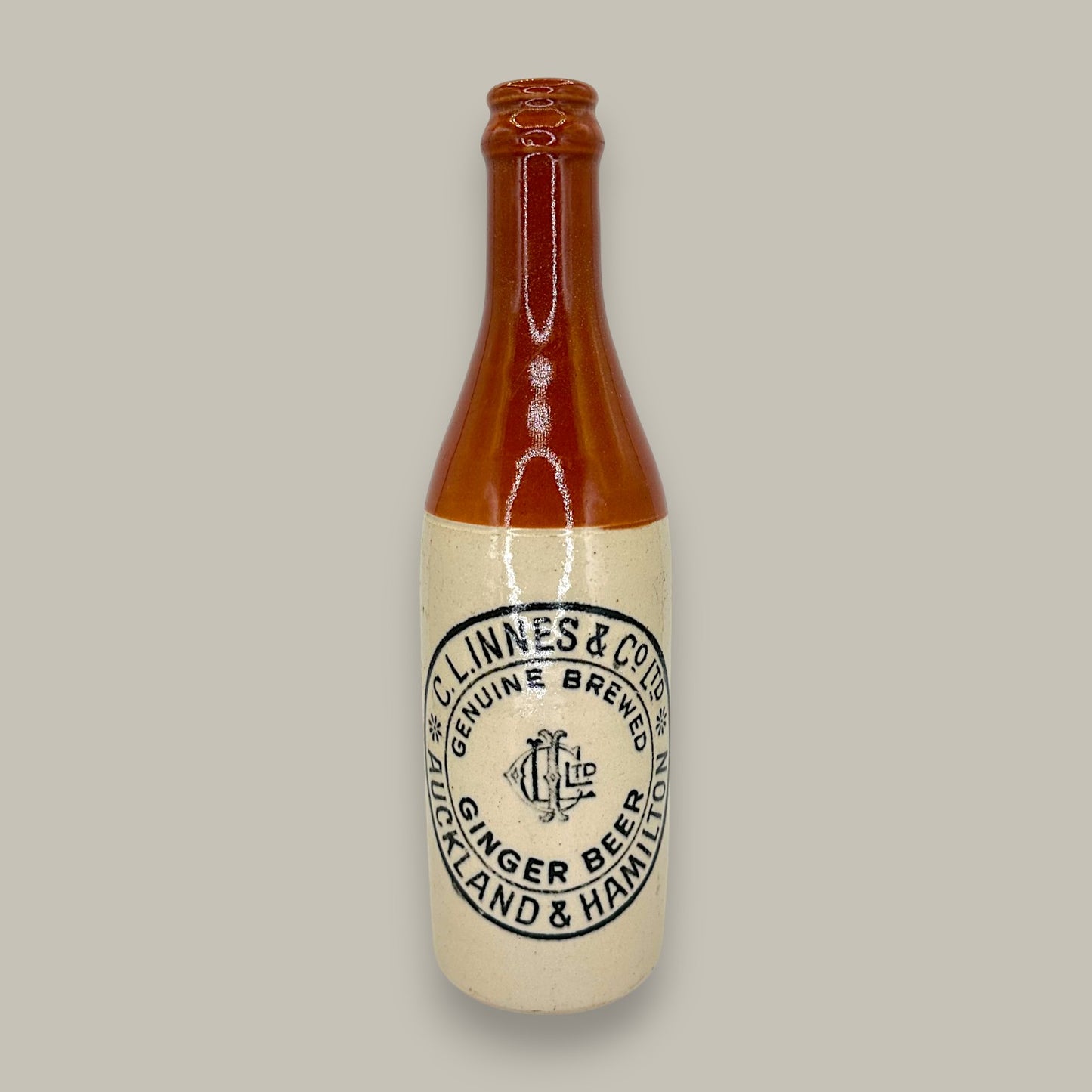 Antique Stoneware Ginger Beer Bottle – C.L. Linnes Co. Auckland & Hamilton