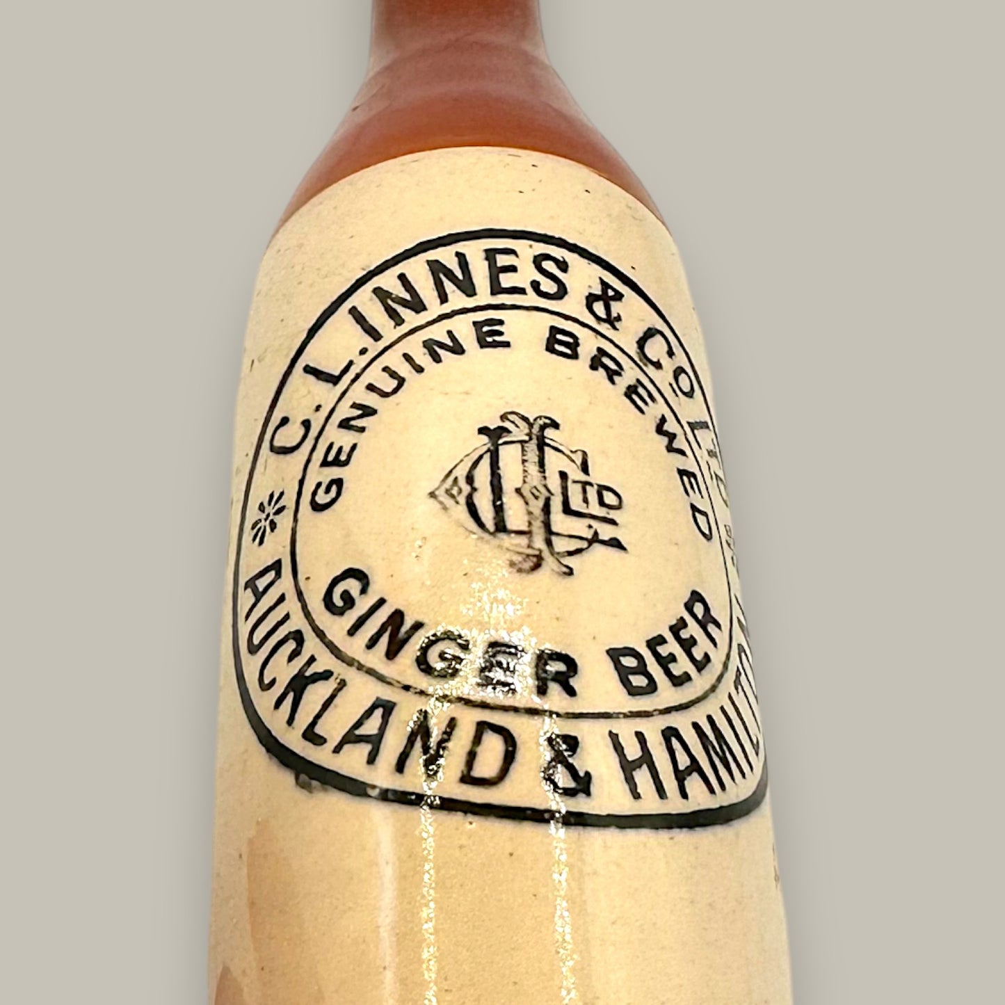 Antique Stoneware Ginger Beer Bottle – C.L. Linnes Co. Auckland & Hamilton