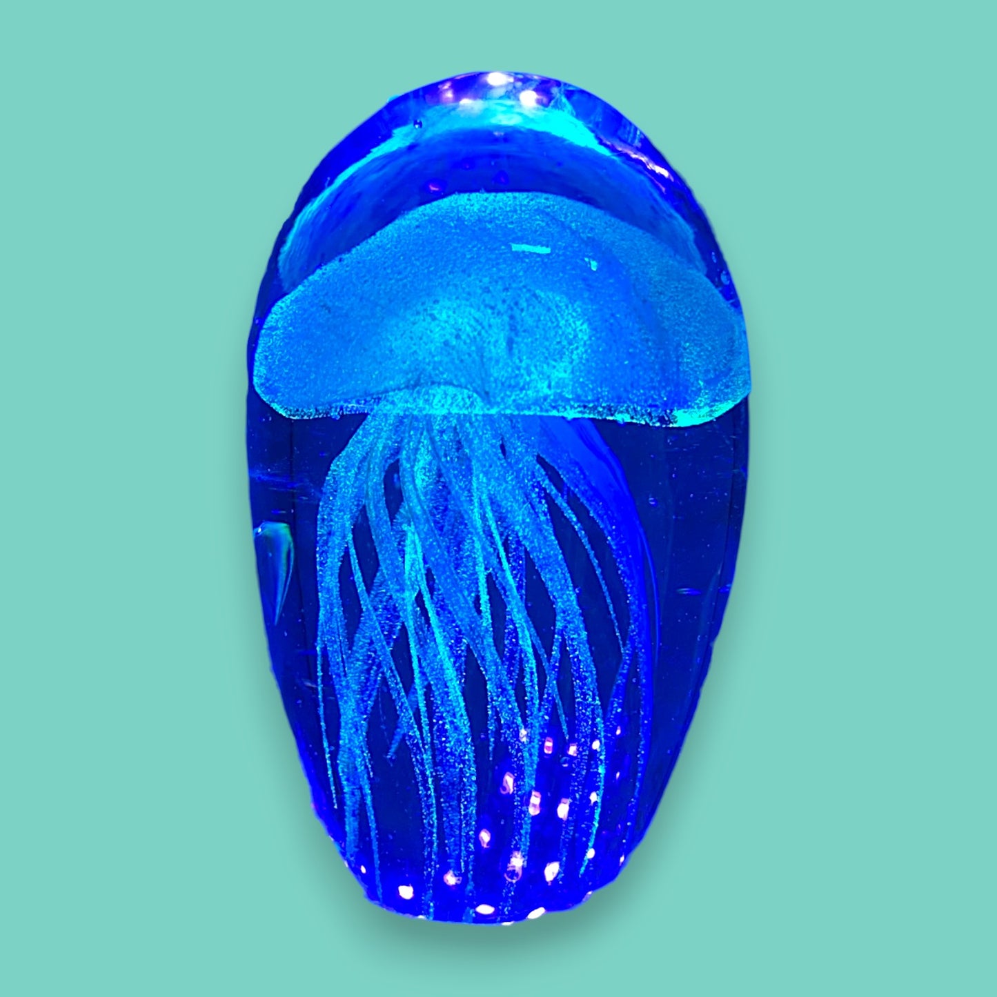 Light Teal Jellyfish Glass Paperweight – Vintage Charm, Glows in the Dark