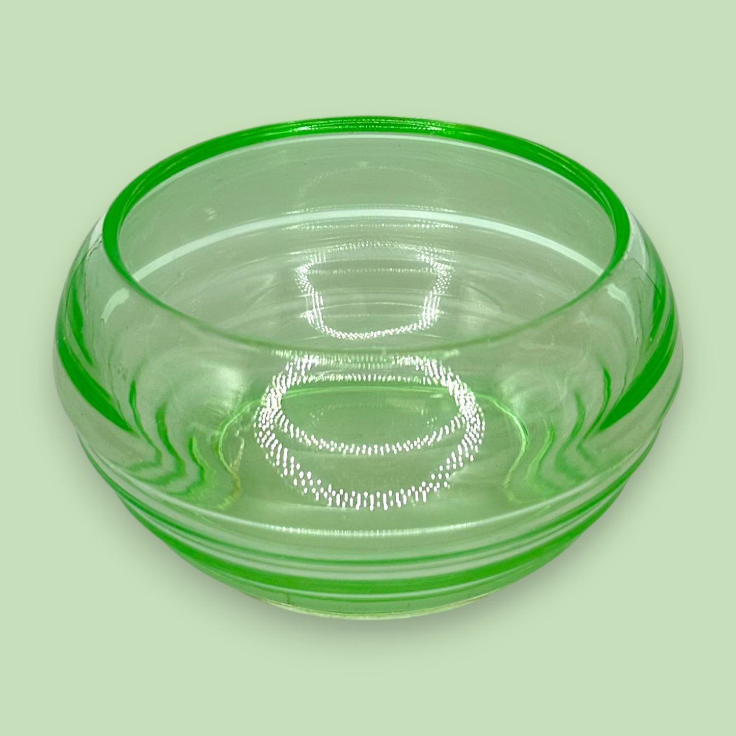 Vintage Green Uranium Glass 5.3" Bowl | Ribbed Art Deco Design
