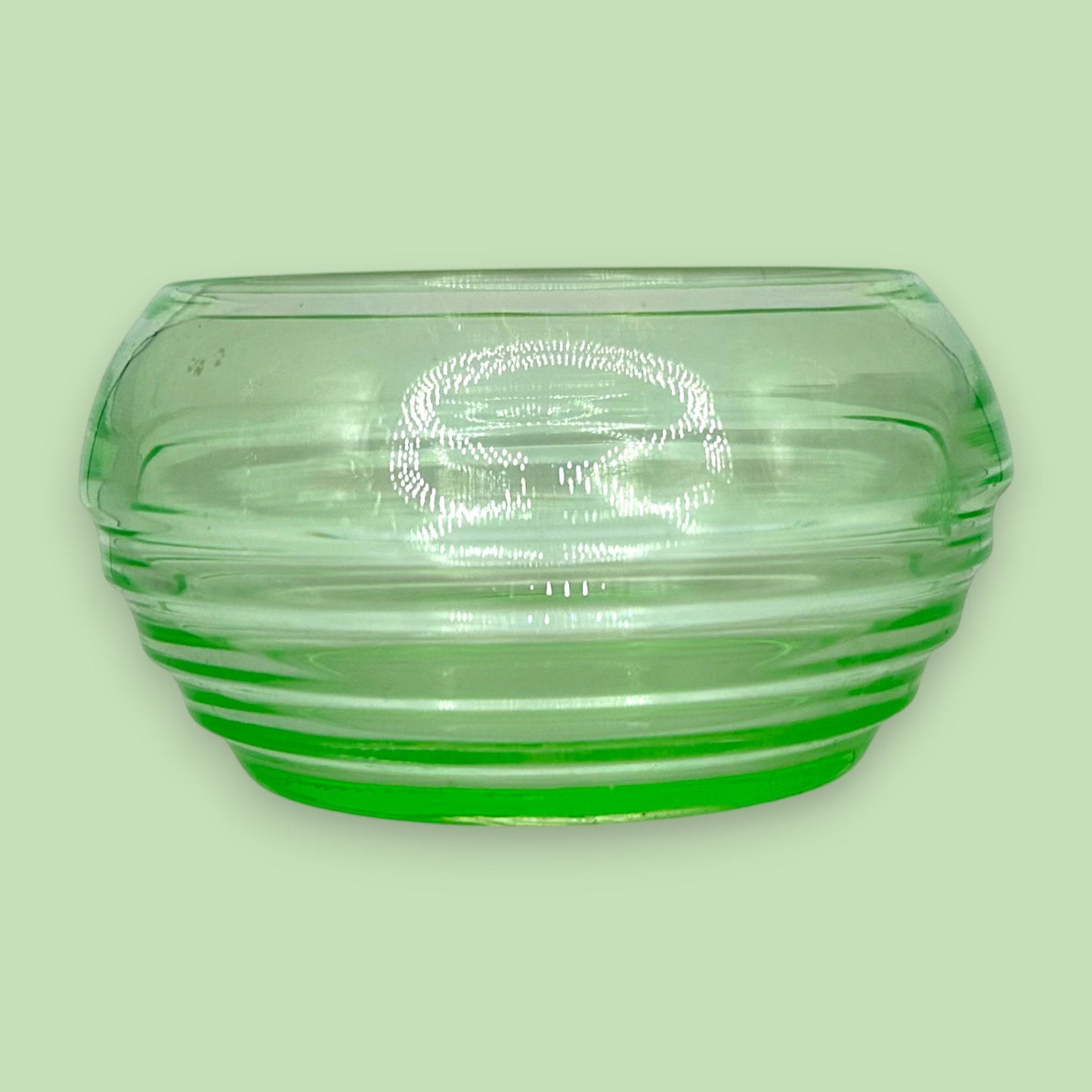 Vintage Green Uranium Glass 5.3" Bowl | Ribbed Art Deco Design