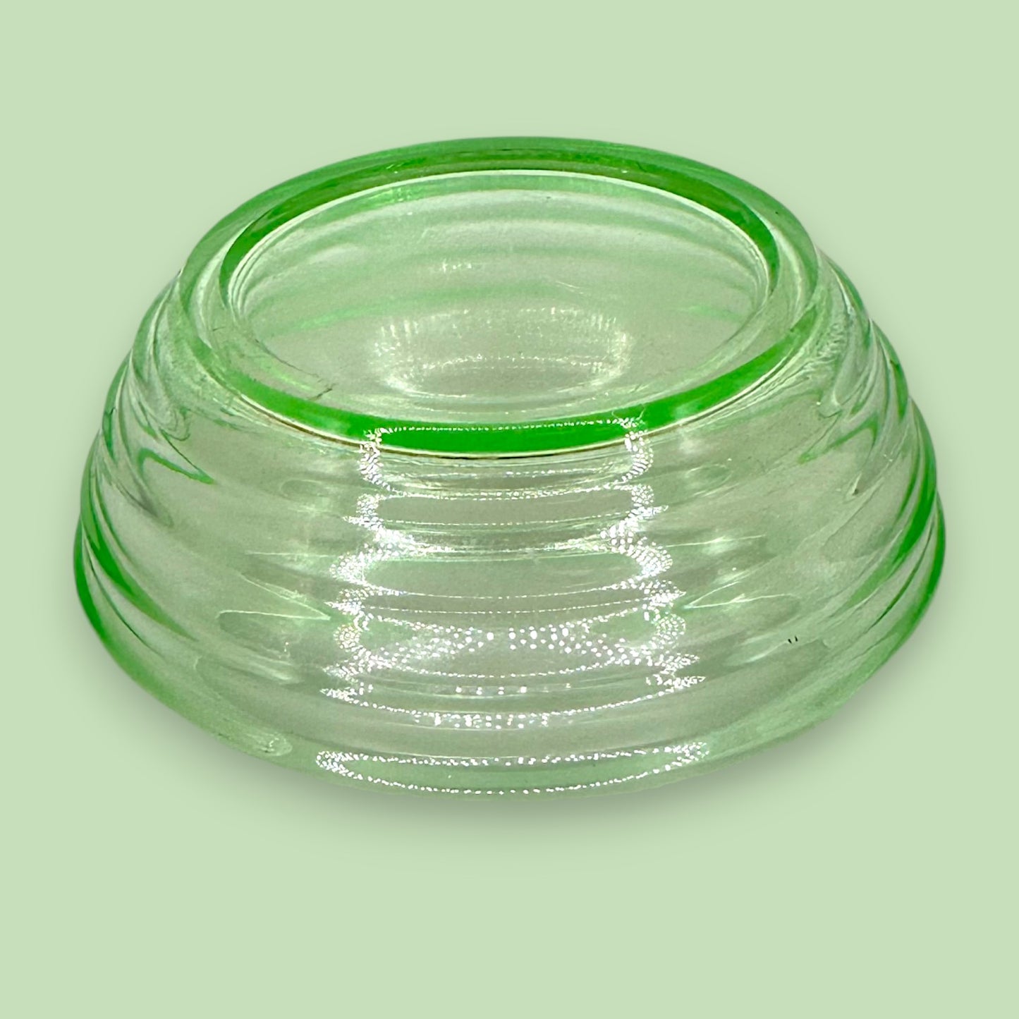 Vintage Green Uranium Glass 5.3" Bowl | Ribbed Art Deco Design