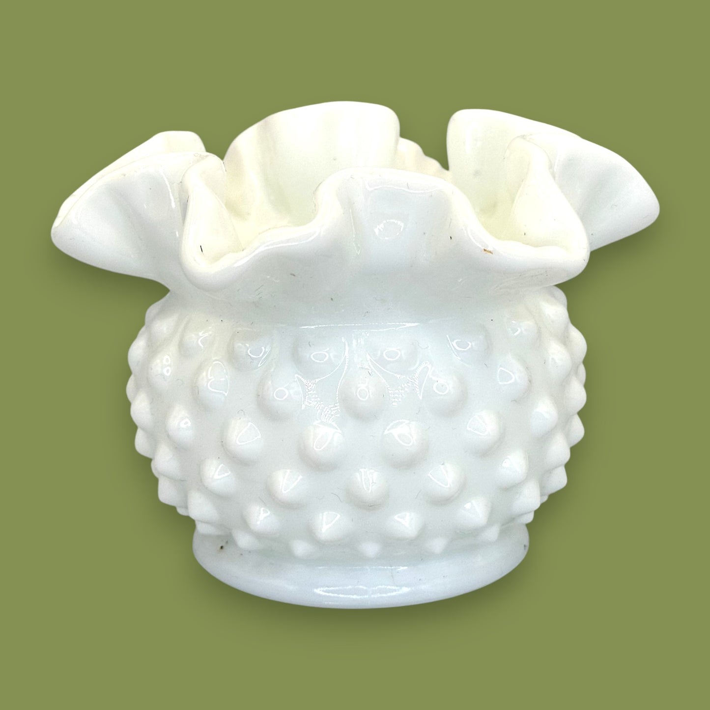 Vintage Fenton White Milk Glass Hobnail Ruffled Vase